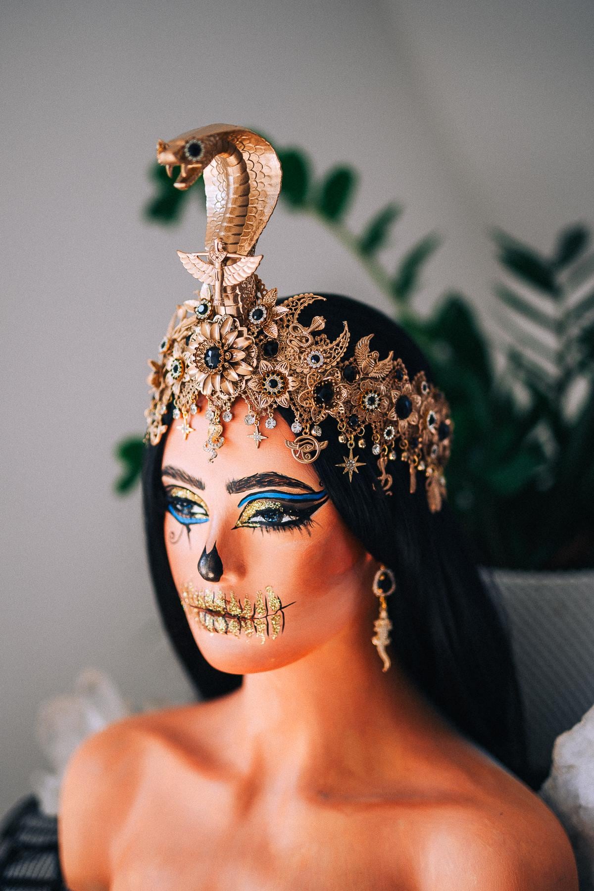 Cleopatra Cobra Crown, Egyptian Queen Headpiece, Gold & Black Goddess Tiara, Pharaoh Crown