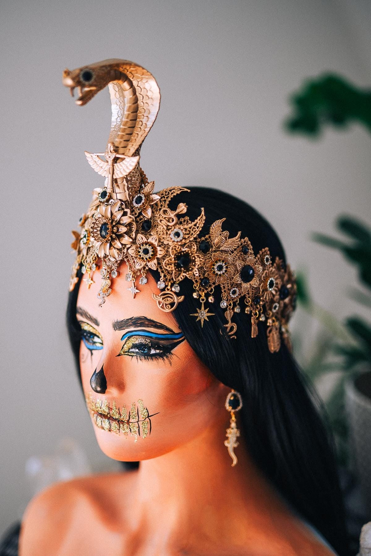 Cleopatra Cobra Crown, Egyptian Queen Headpiece, Gold & Black Goddess Tiara, Pharaoh Crown