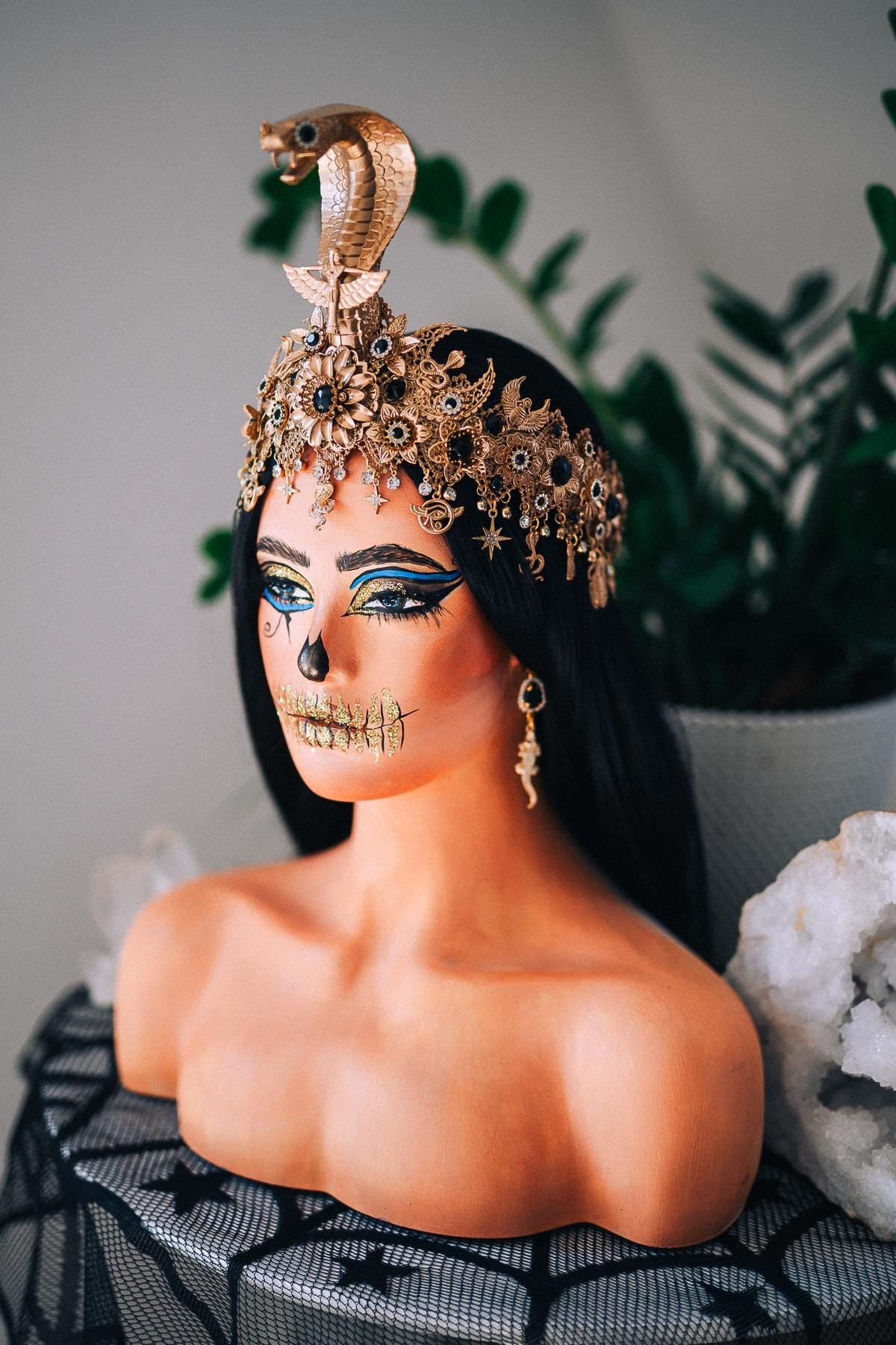 Cleopatra Cobra Crown, Egyptian Queen Headpiece, Gold & Black Goddess Tiara, Pharaoh Crown