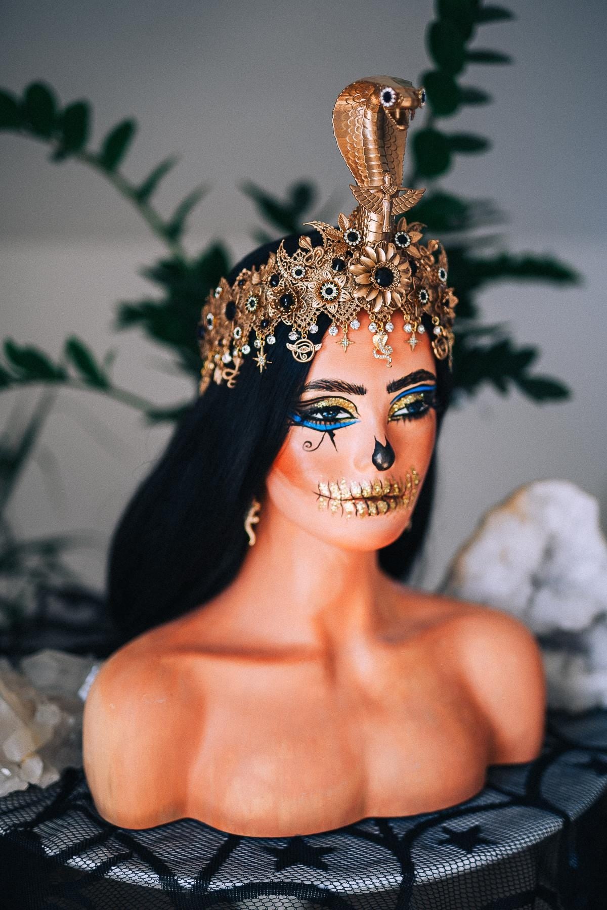 Cleopatra Cobra Crown, Egyptian Queen Headpiece, Gold & Black Goddess Tiara, Pharaoh Crown
