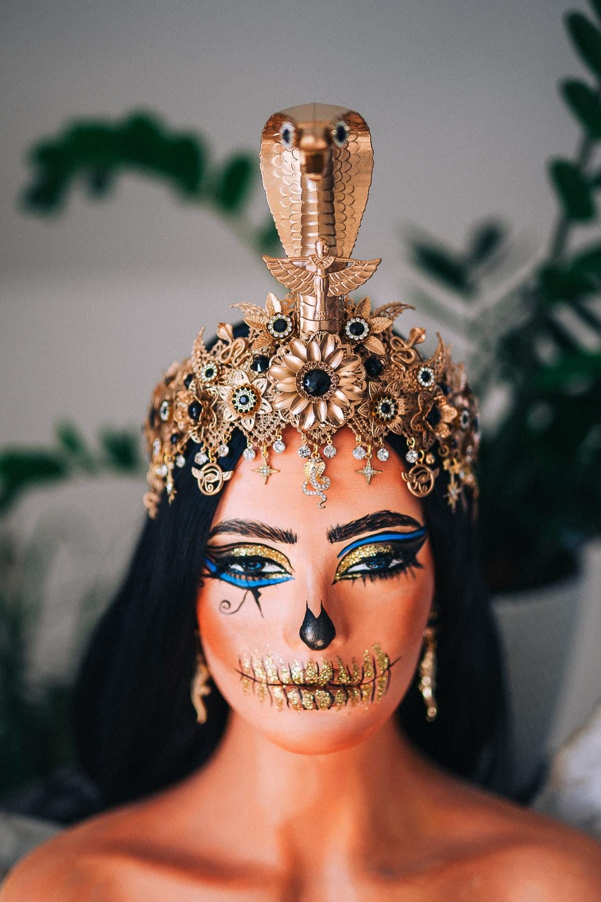 Cleopatra Cobra Crown, Egyptian Queen Headpiece, Gold & Black Goddess Tiara, Pharaoh Crown