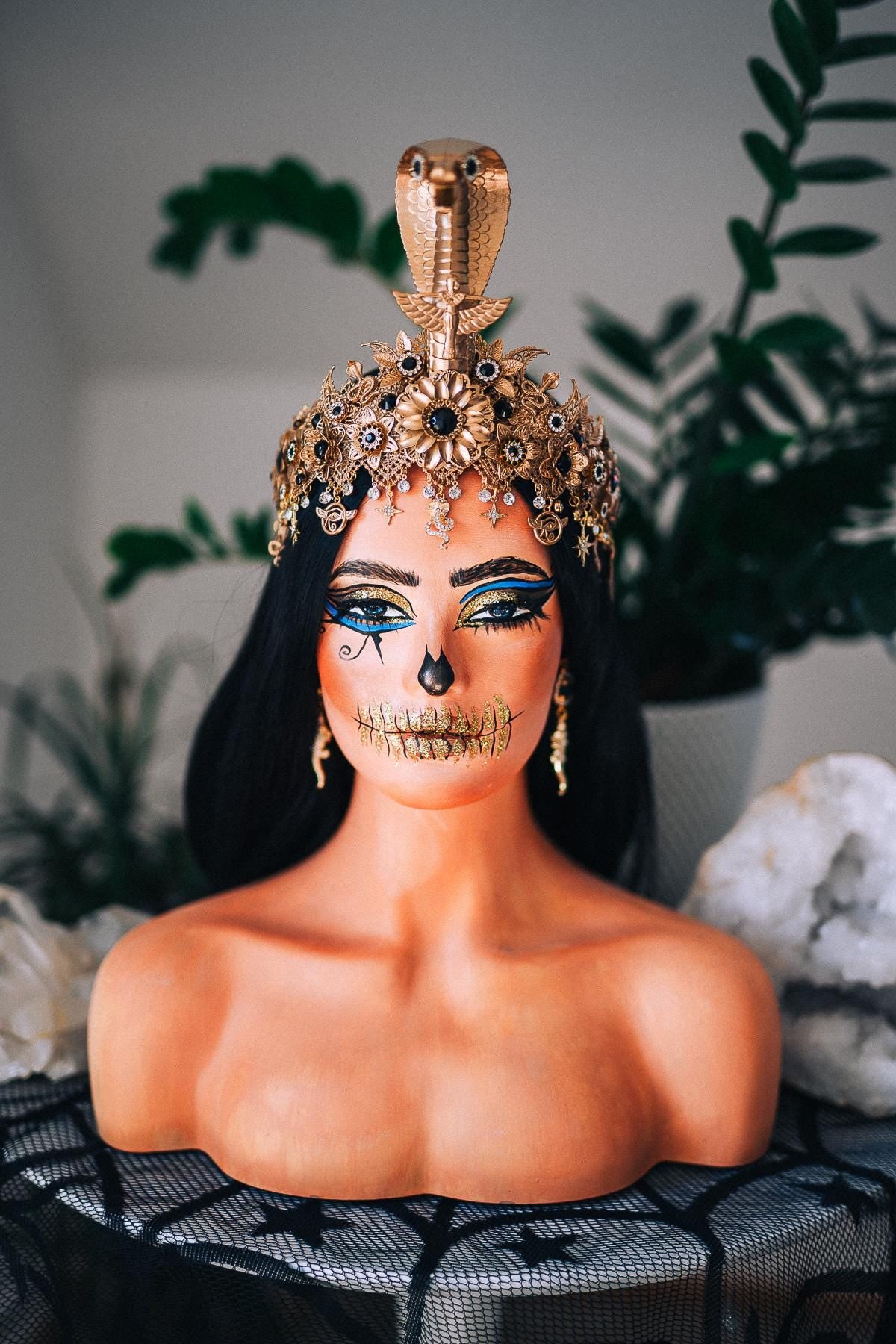 Cleopatra Cobra Crown, Egyptian Queen Headpiece, Gold & Black Goddess Tiara, Pharaoh Crown