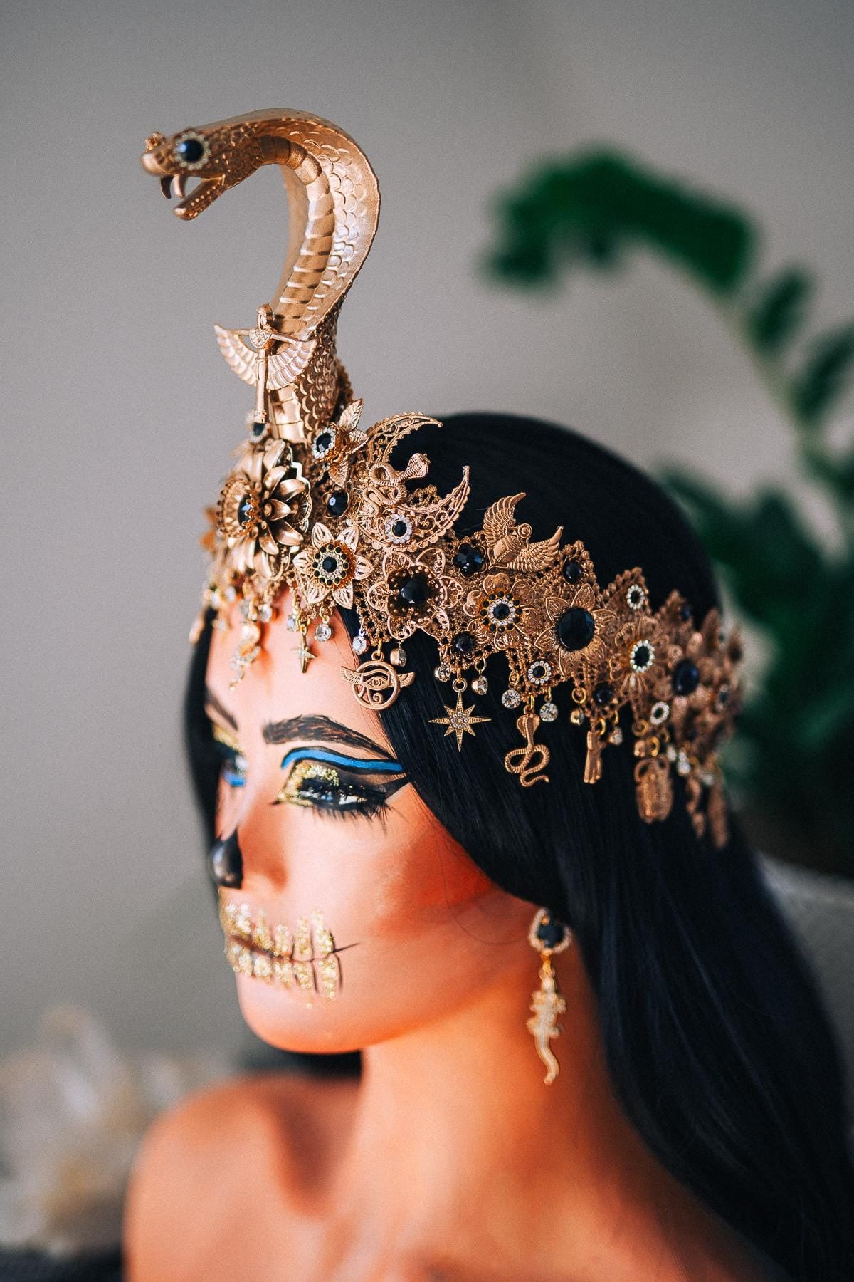 Cleopatra Cobra Crown, Egyptian Queen Headpiece, Gold & Black Goddess Tiara, Pharaoh Crown