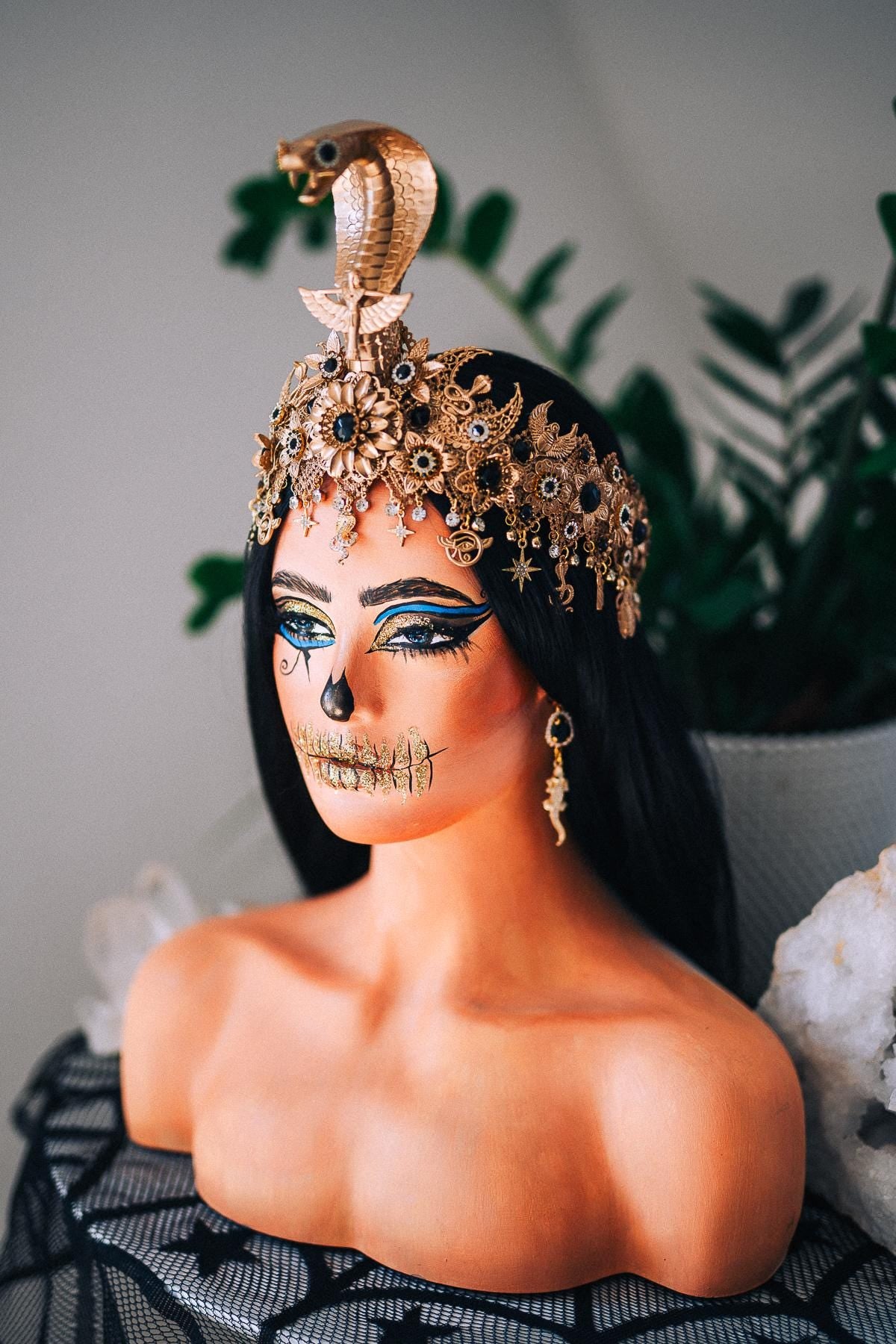 Cleopatra Cobra Crown, Egyptian Queen Headpiece, Gold & Black Goddess Tiara, Pharaoh Crown