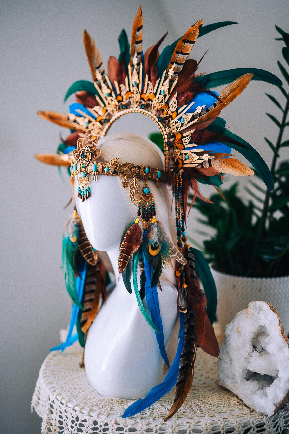 Handcrafted Feather Earrings, Turquoise, Antique Gold, Bohemian Statement Jewelry