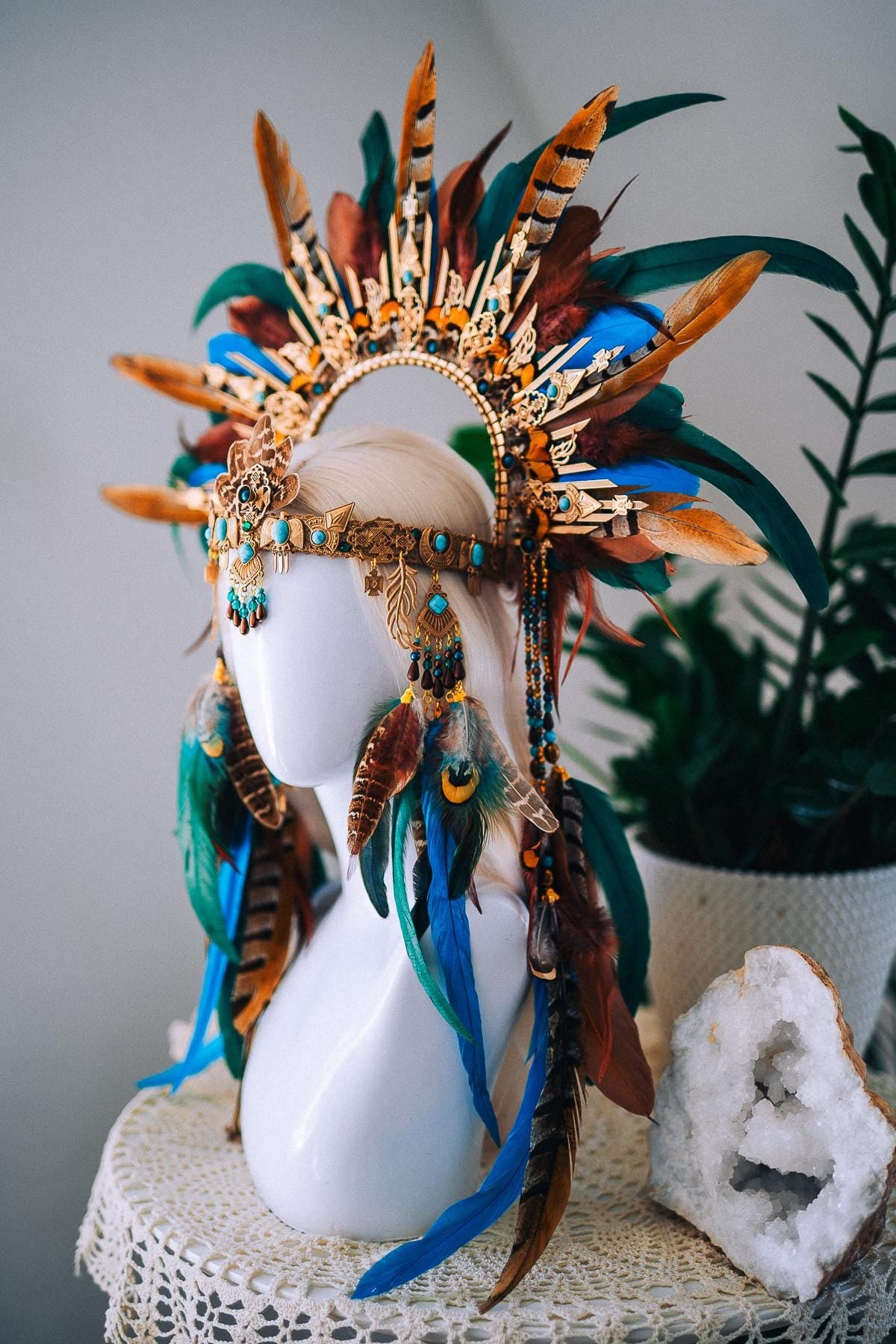 Handcrafted Feather Earrings, Turquoise, Antique Gold, Bohemian Statement Jewelry