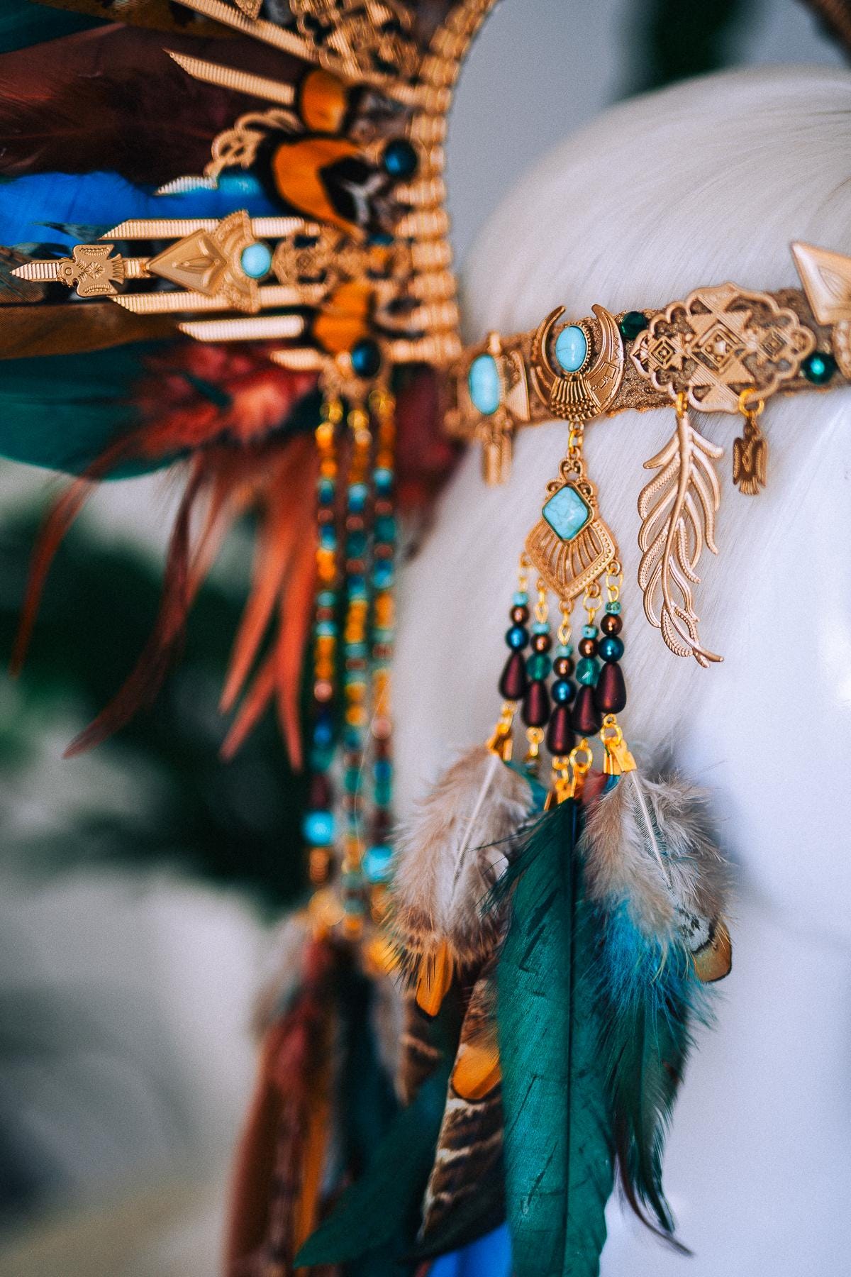 Handcrafted Feather Earrings, Turquoise, Antique Gold, Bohemian Statement Jewelry