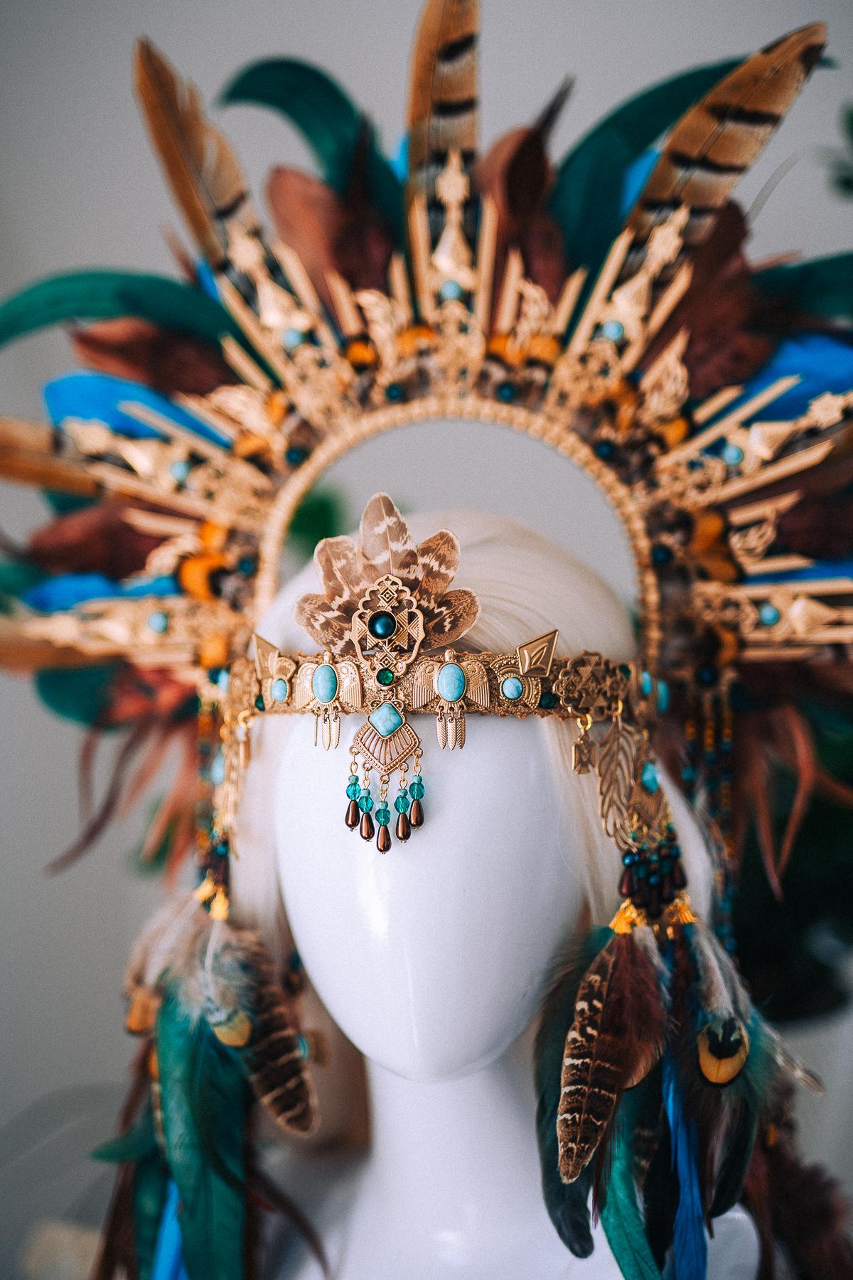 Boho Feather Halo Crown, Goddess Festival Crown, Turquoise Feather Headpiece, Luxury Festival Headpiece, Statement Halo Crown