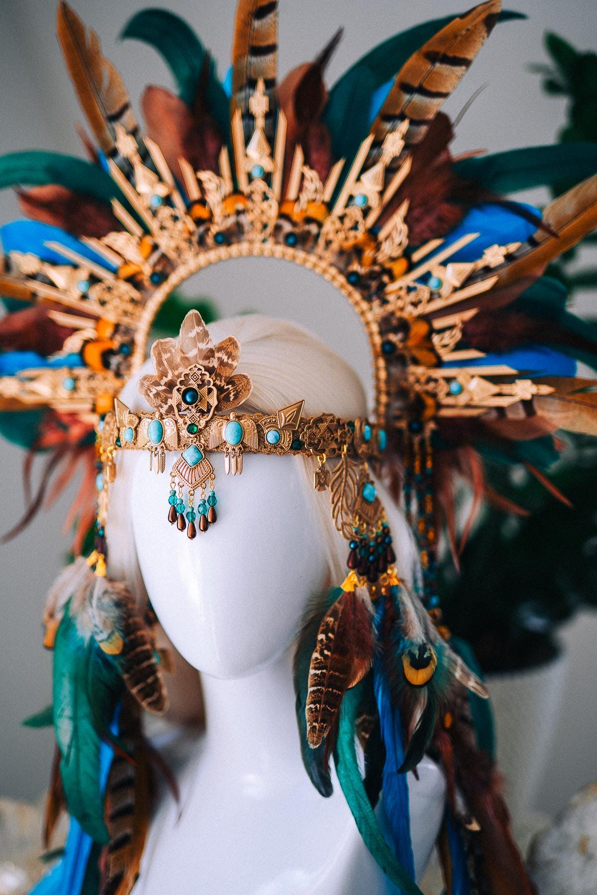 Boho Feather Halo Crown, Goddess Festival Crown, Turquoise Feather Headpiece, Luxury Festival Headpiece, Statement Halo Crown