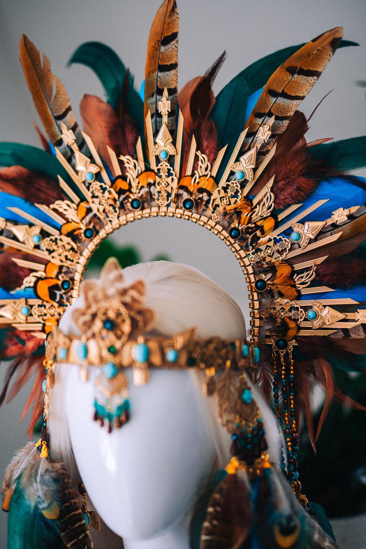 Boho Feather Halo Crown, Goddess Festival Crown, Turquoise Feather Headpiece, Luxury Festival Headpiece, Statement Halo Crown