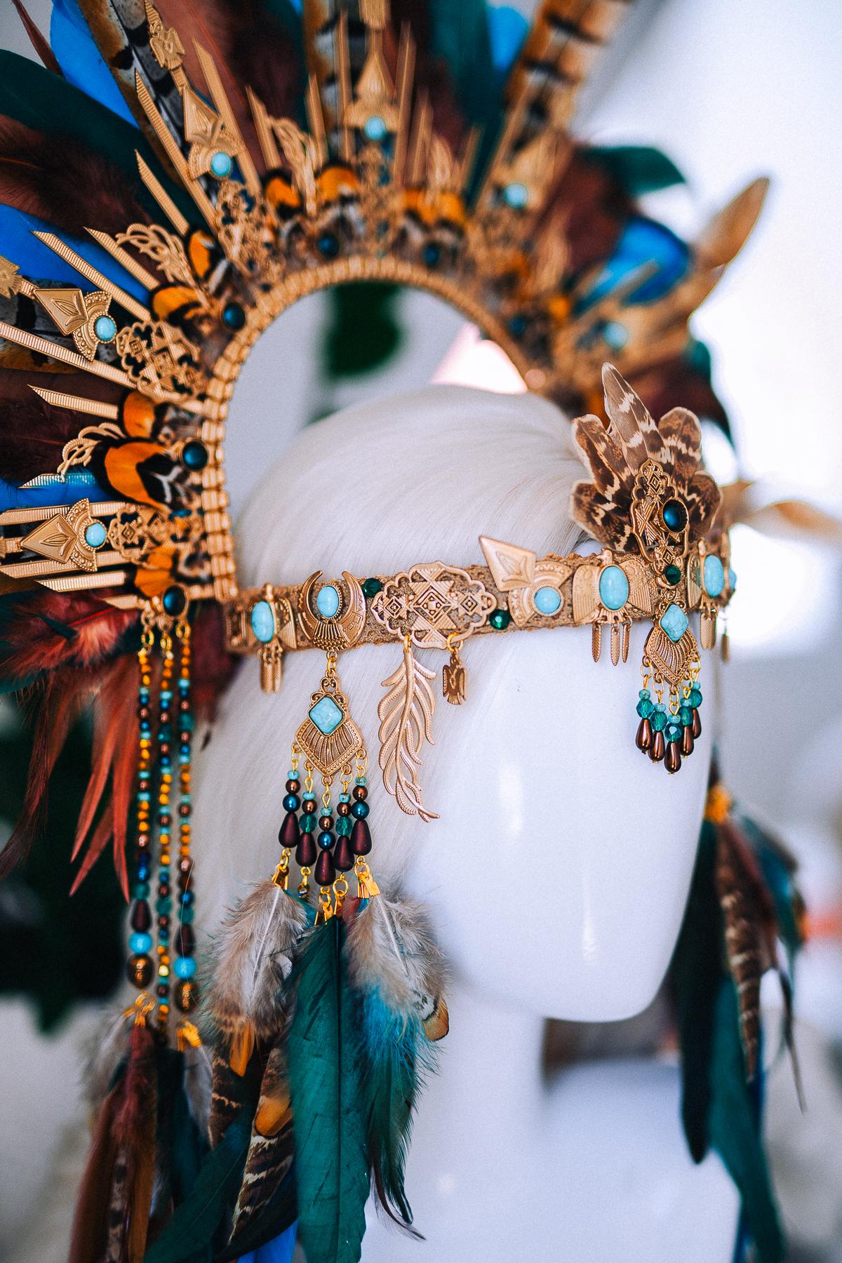 Boho Feather Halo Crown, Goddess Festival Crown, Turquoise Feather Headpiece, Luxury Festival Headpiece, Statement Halo Crown