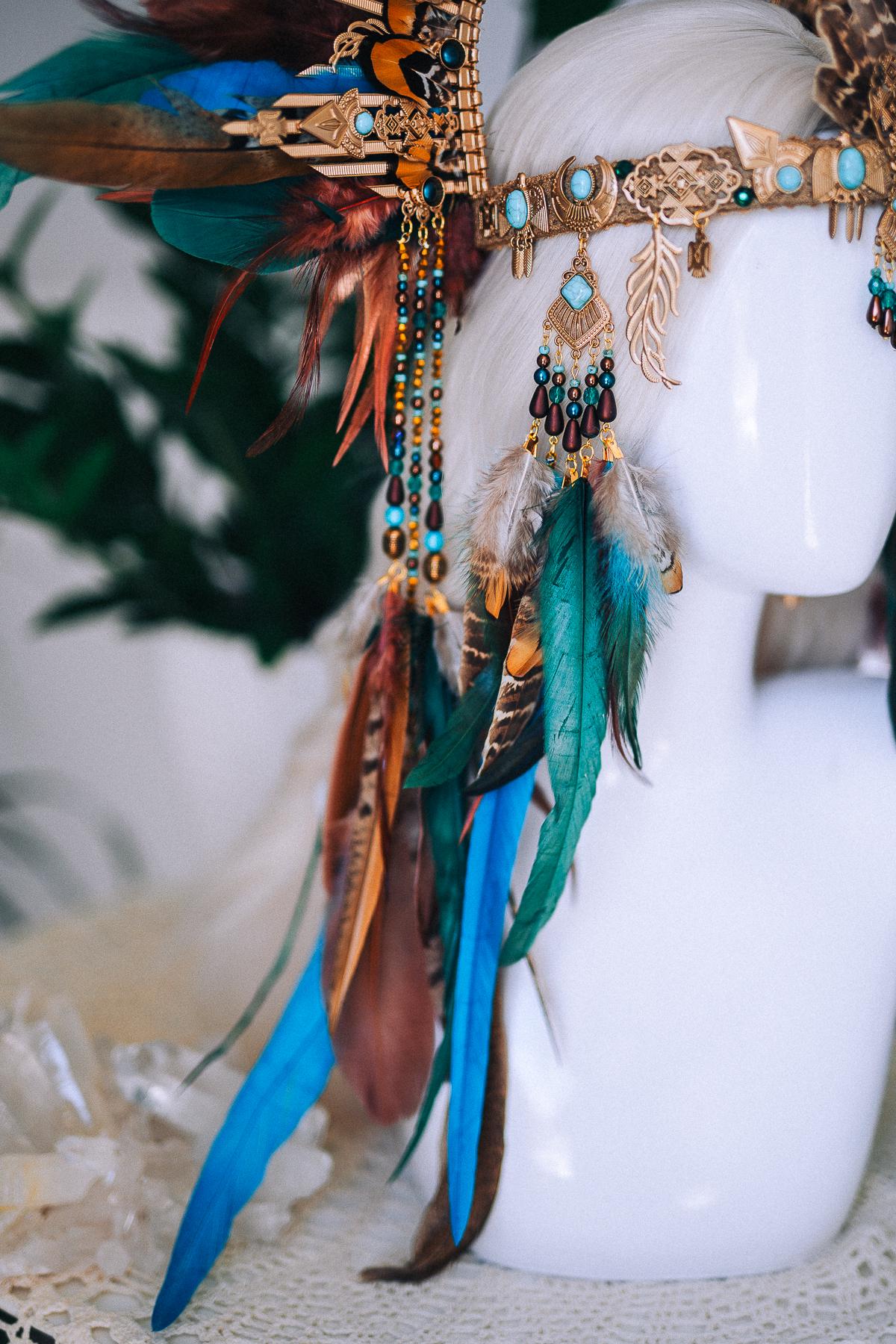 Boho Feather Halo Crown, Goddess Festival Crown, Turquoise Feather Headpiece, Luxury Festival Headpiece, Statement Halo Crown
