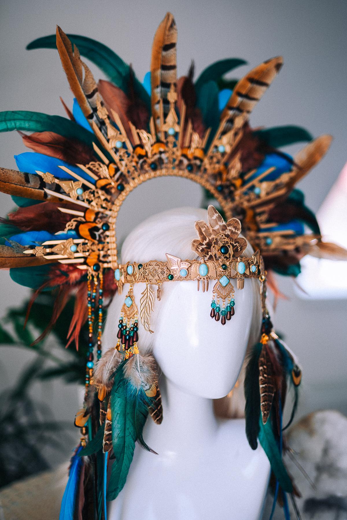 Boho Feather Halo Crown, Goddess Festival Crown, Turquoise Feather Headpiece, Luxury Festival Headpiece, Statement Halo Crown