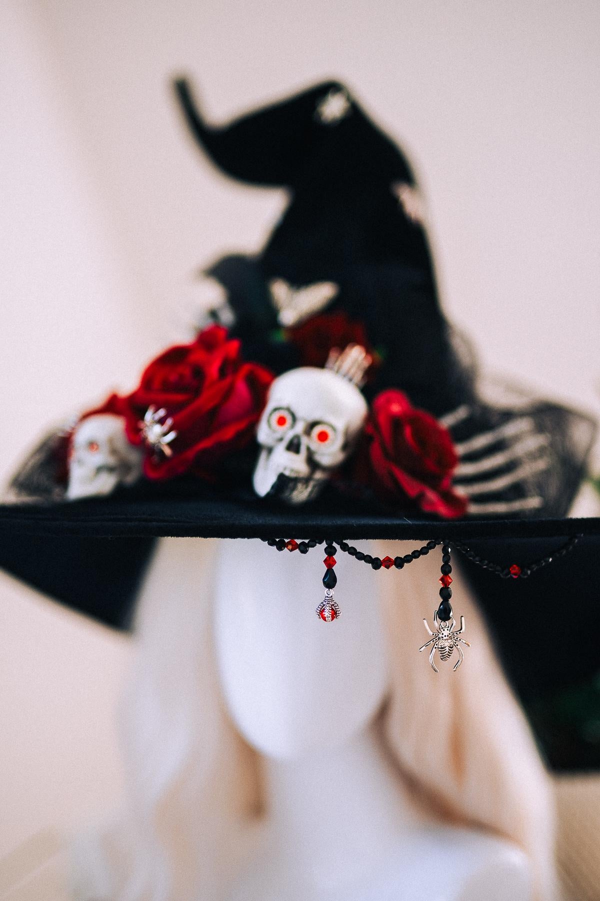 Halloween Witch Hat, Gothic Skull Hat, Red Rose Witch Hat, Spider Witch Hat, Spooky Halloween Costume Hat, Handmade Gothic Headpiece