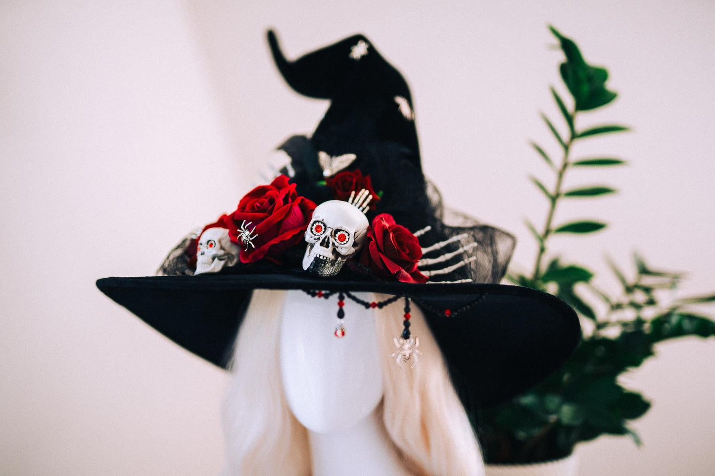 Halloween Witch Hat, Gothic Skull Hat, Red Rose Witch Hat, Spider Witch Hat, Spooky Halloween Costume Hat, Handmade Gothic Headpiece