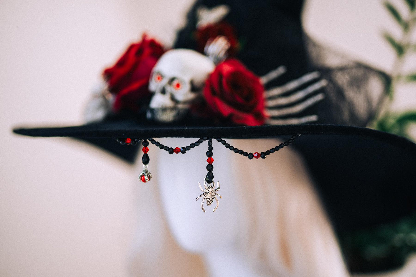 Halloween Witch Hat, Gothic Skull Hat, Red Rose Witch Hat, Spider Witch Hat, Spooky Halloween Costume Hat, Handmade Gothic Headpiece