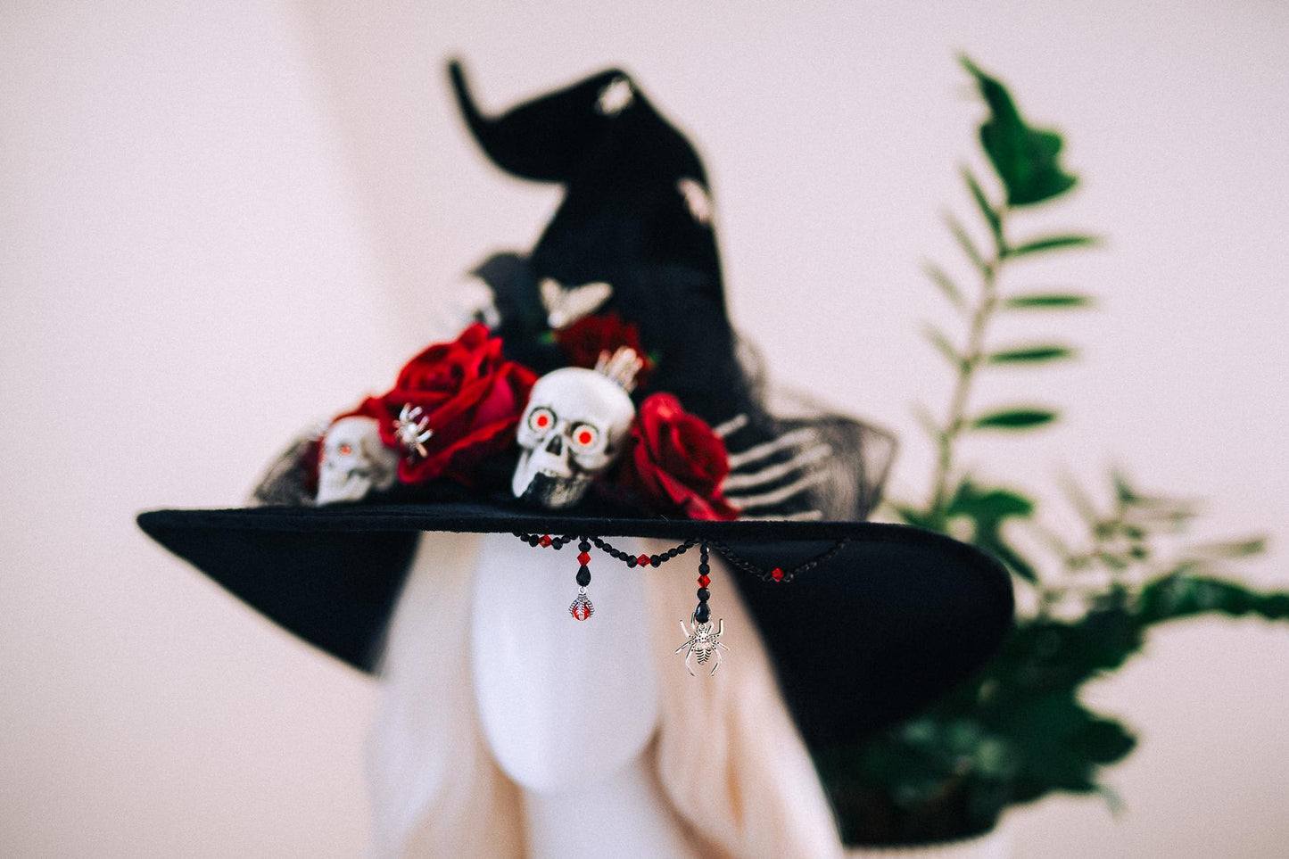 Halloween Witch Hat, Gothic Skull Hat, Red Rose Witch Hat, Spider Witch Hat, Spooky Halloween Costume Hat, Handmade Gothic Headpiece