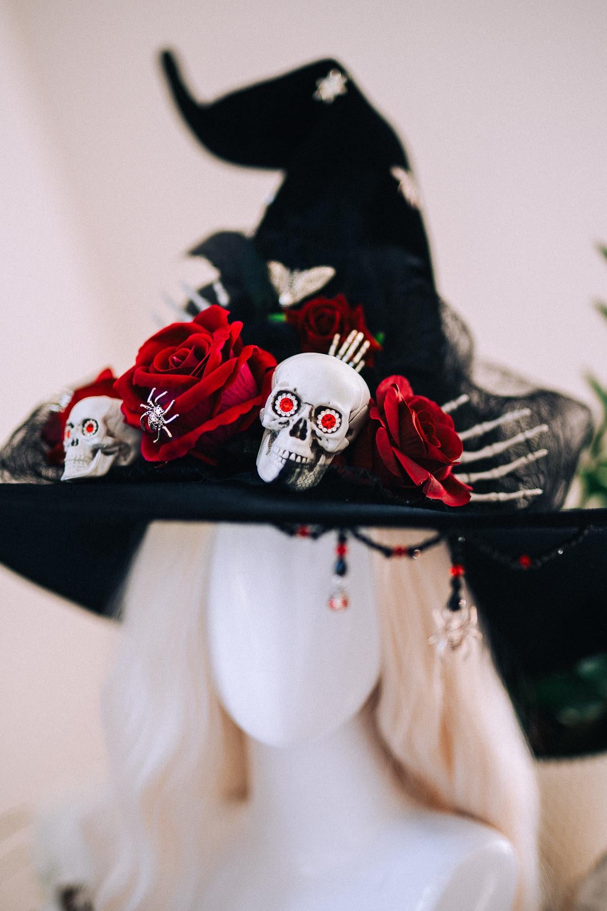 Halloween Witch Hat, Gothic Skull Hat, Red Rose Witch Hat, Spider Witch Hat, Spooky Halloween Costume Hat, Handmade Gothic Headpiece