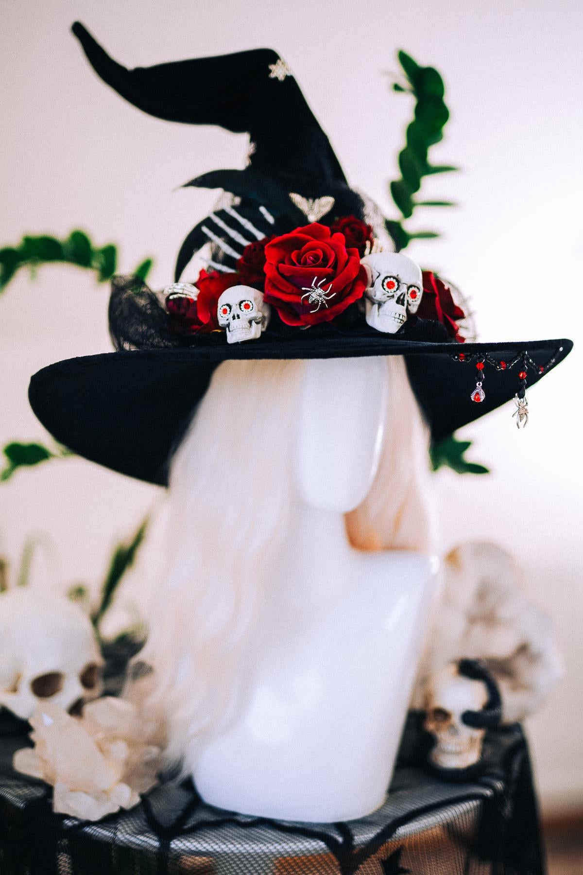 Halloween Witch Hat, Gothic Skull Hat, Red Rose Witch Hat, Spider Witch Hat, Spooky Halloween Costume Hat, Handmade Gothic Headpiece