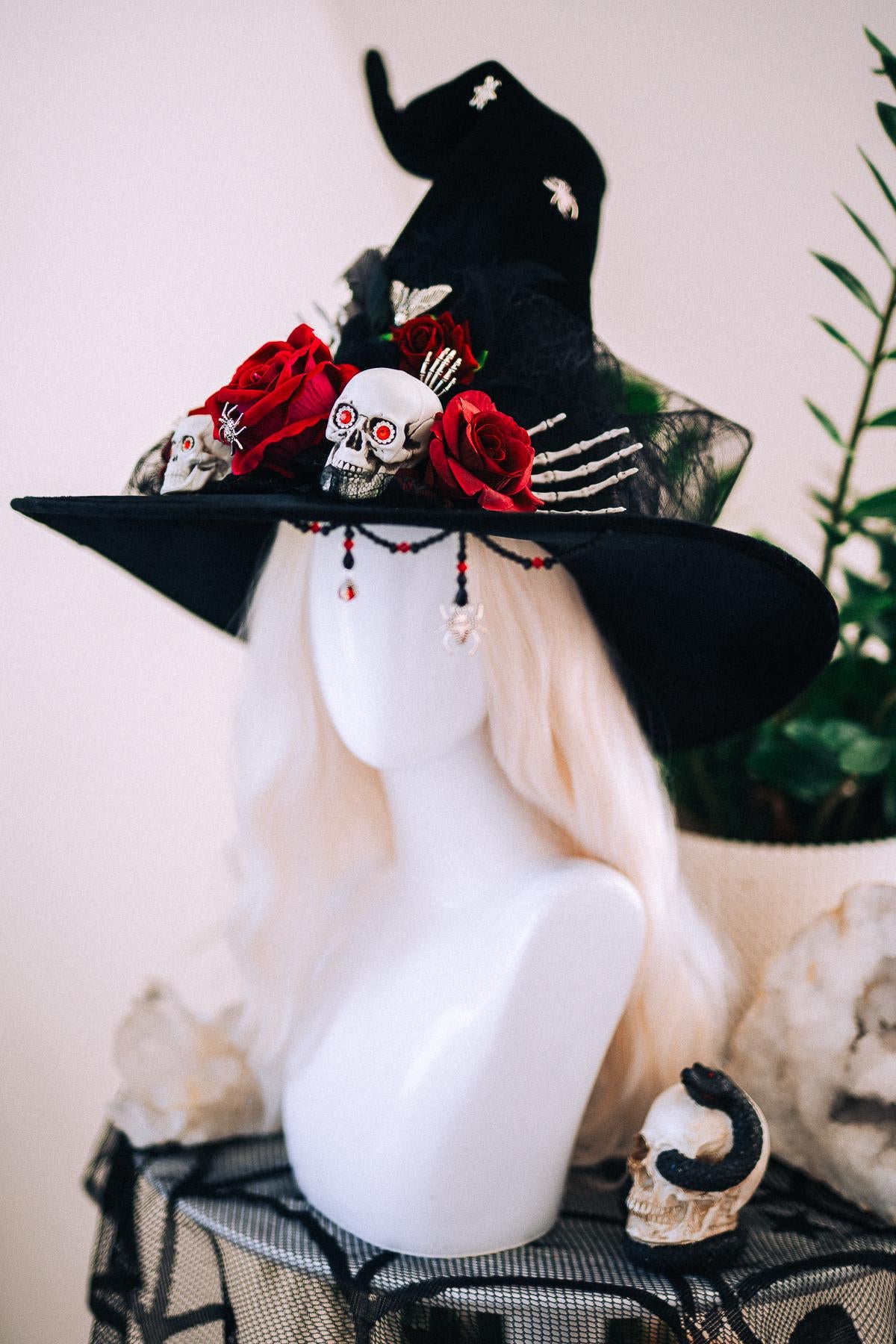 Halloween Witch Hat, Gothic Skull Hat, Red Rose Witch Hat, Spider Witch Hat, Spooky Halloween Costume Hat, Handmade Gothic Headpiece