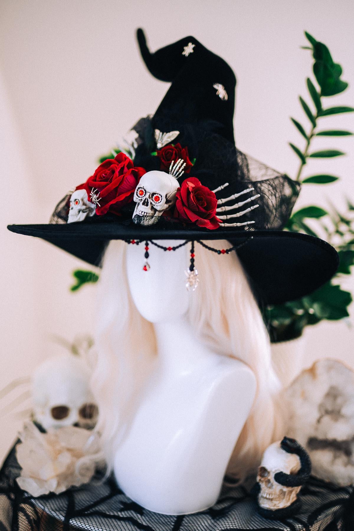 Halloween Witch Hat, Gothic Skull Hat, Red Rose Witch Hat, Spider Witch Hat, Spooky Halloween Costume Hat, Handmade Gothic Headpiece