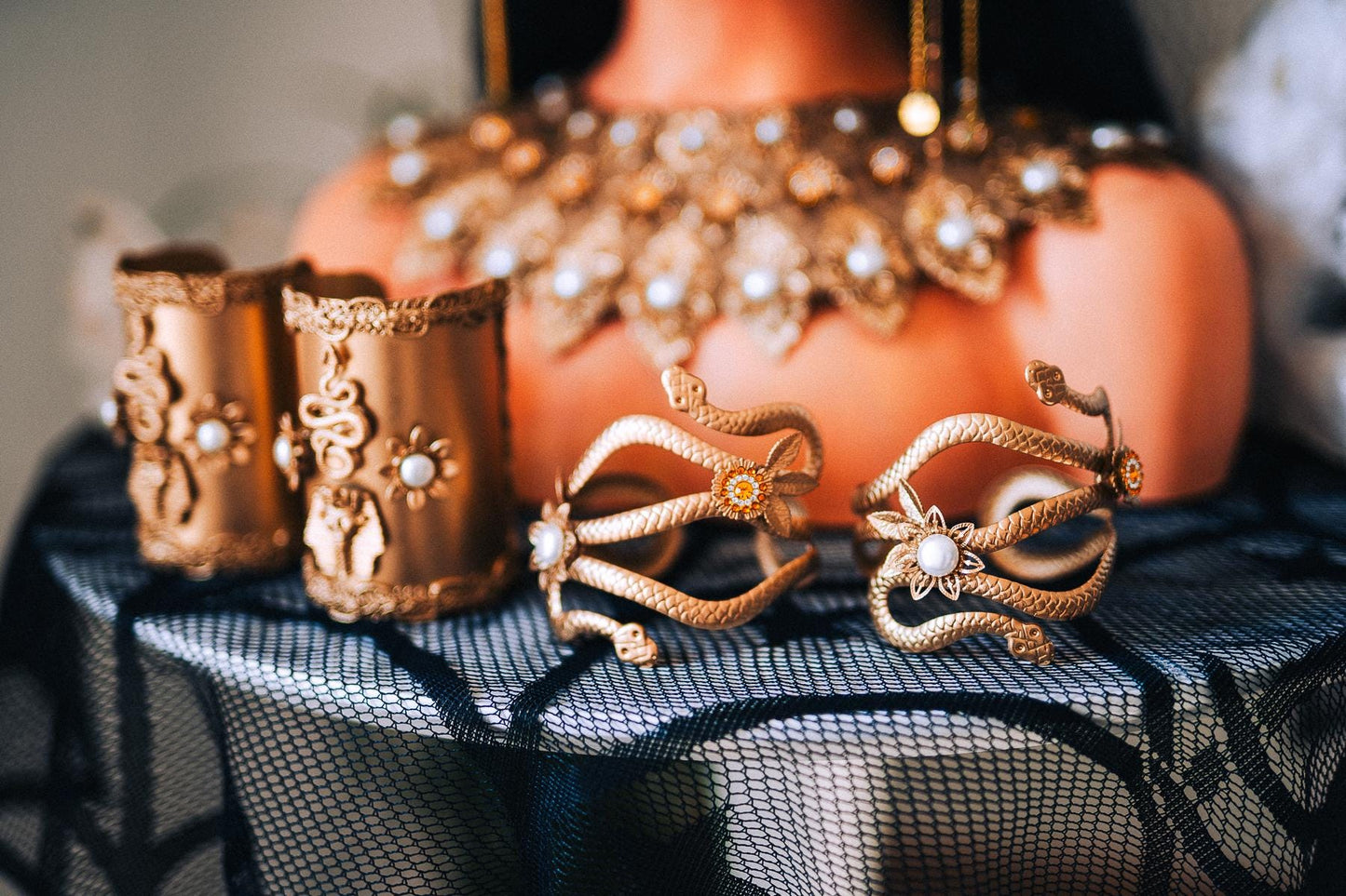 Handcrafted Egyptian Serpent Arm Cuffs, Cleopatra Inspired Gold Bracelet Set