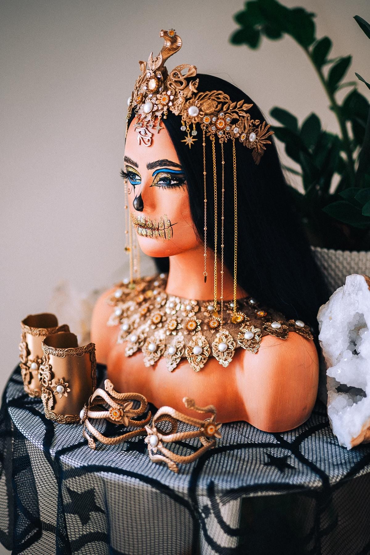 Handcrafted Egyptian Serpent Arm Cuffs, Cleopatra Inspired Gold Bracelet Set