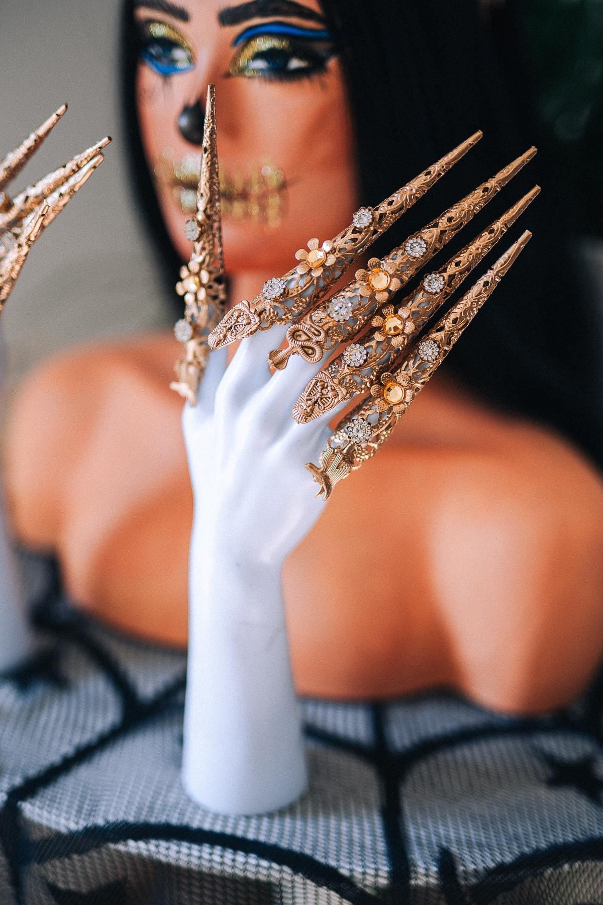 Handmade Gold Finger Claws, Egyptian Nail Rings, Statement Goddess Jewelry, Costume Accessory