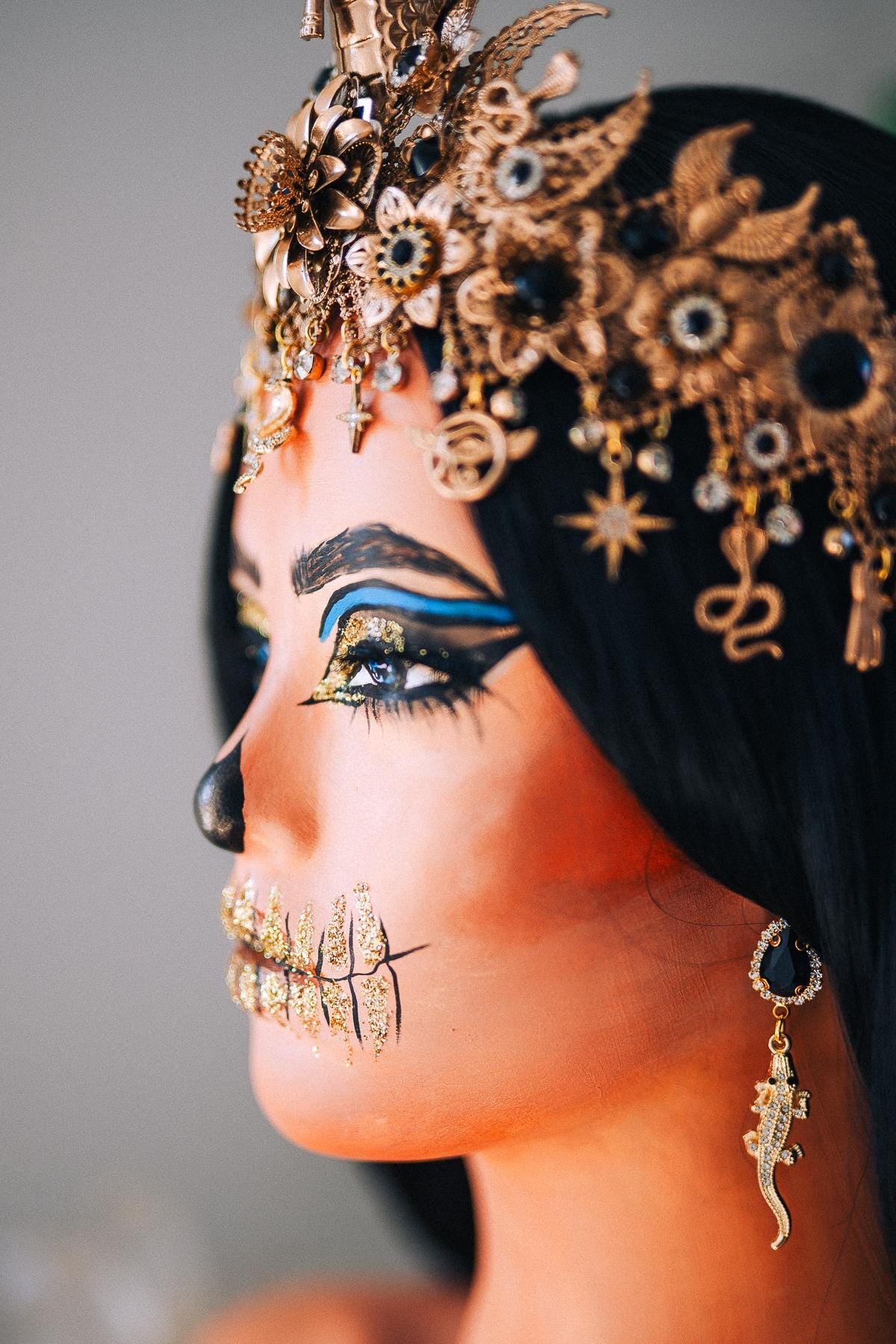 Cleopatra Crocodile Earrings, Egyptian Gold Drop Earrings, Black Crystal Earrings, Goddess Jewelry