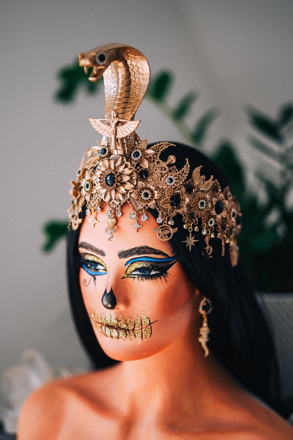 Cleopatra Cobra Crown, Egyptian Queen Headpiece, Gold & Black Goddess Tiara, Pharaoh Crown