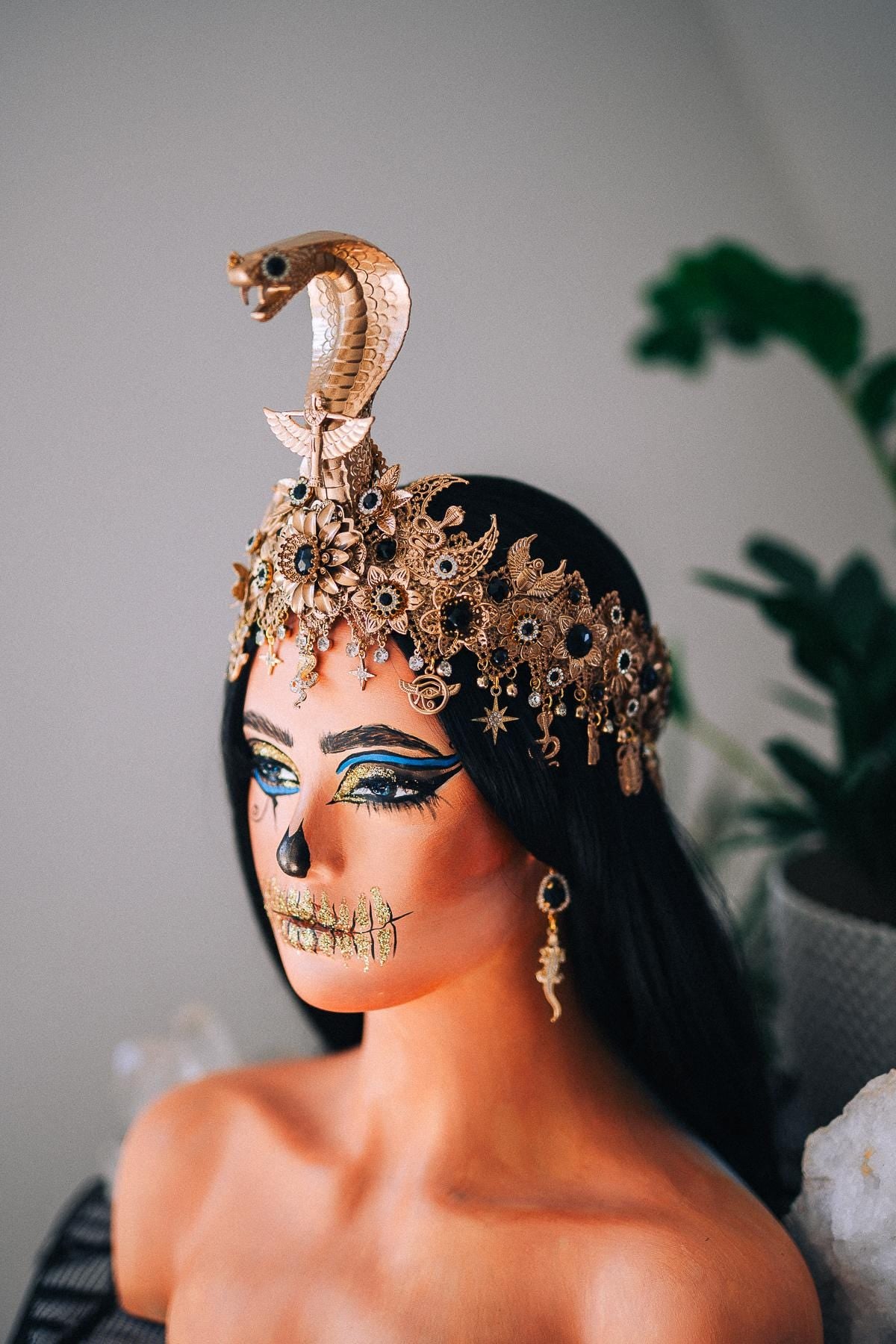Cleopatra Cobra Crown, Egyptian Queen Headpiece, Gold & Black Goddess Tiara, Pharaoh Crown