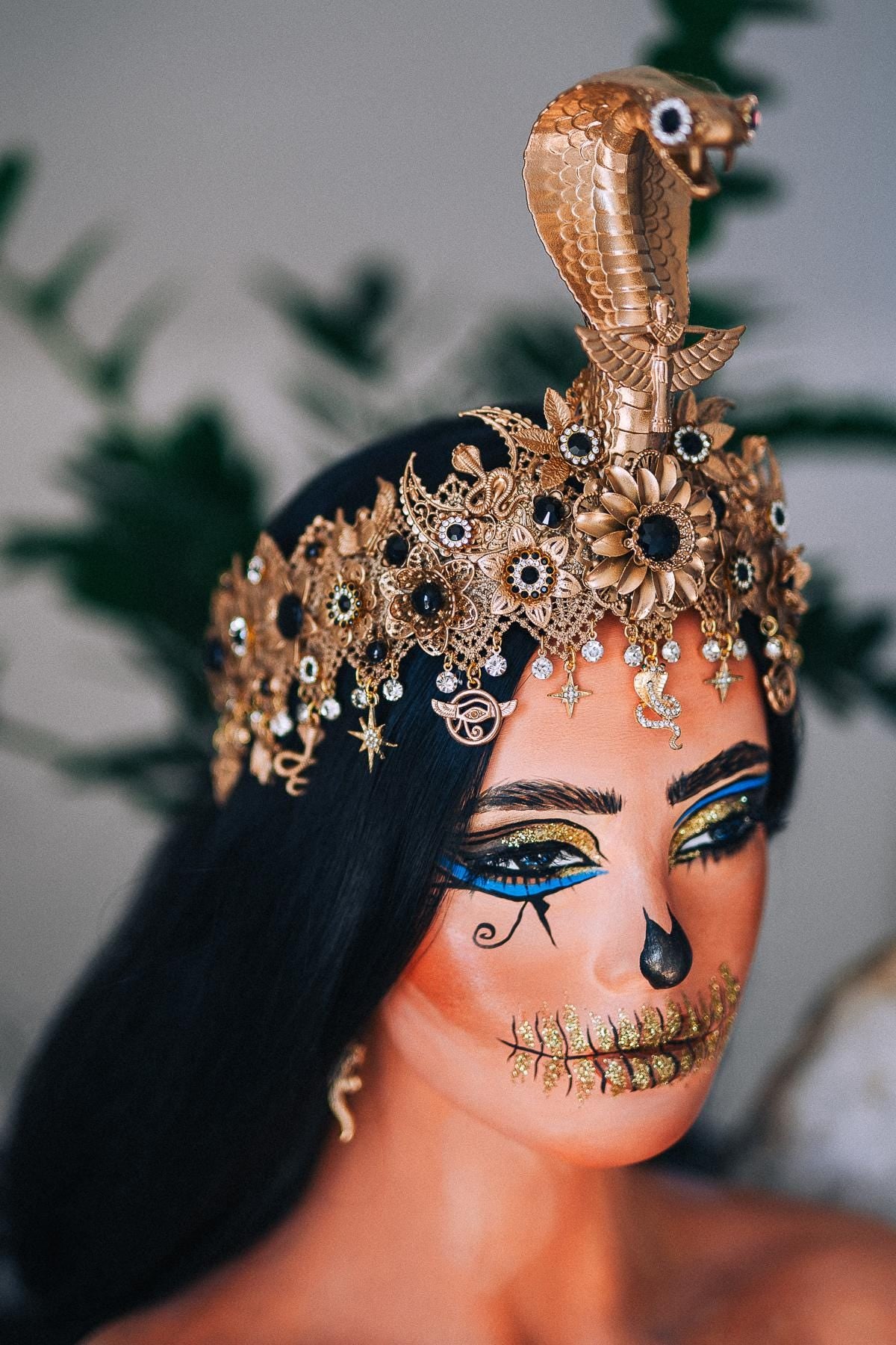 Cleopatra Cobra Crown, Egyptian Queen Headpiece, Gold & Black Goddess Tiara, Pharaoh Crown