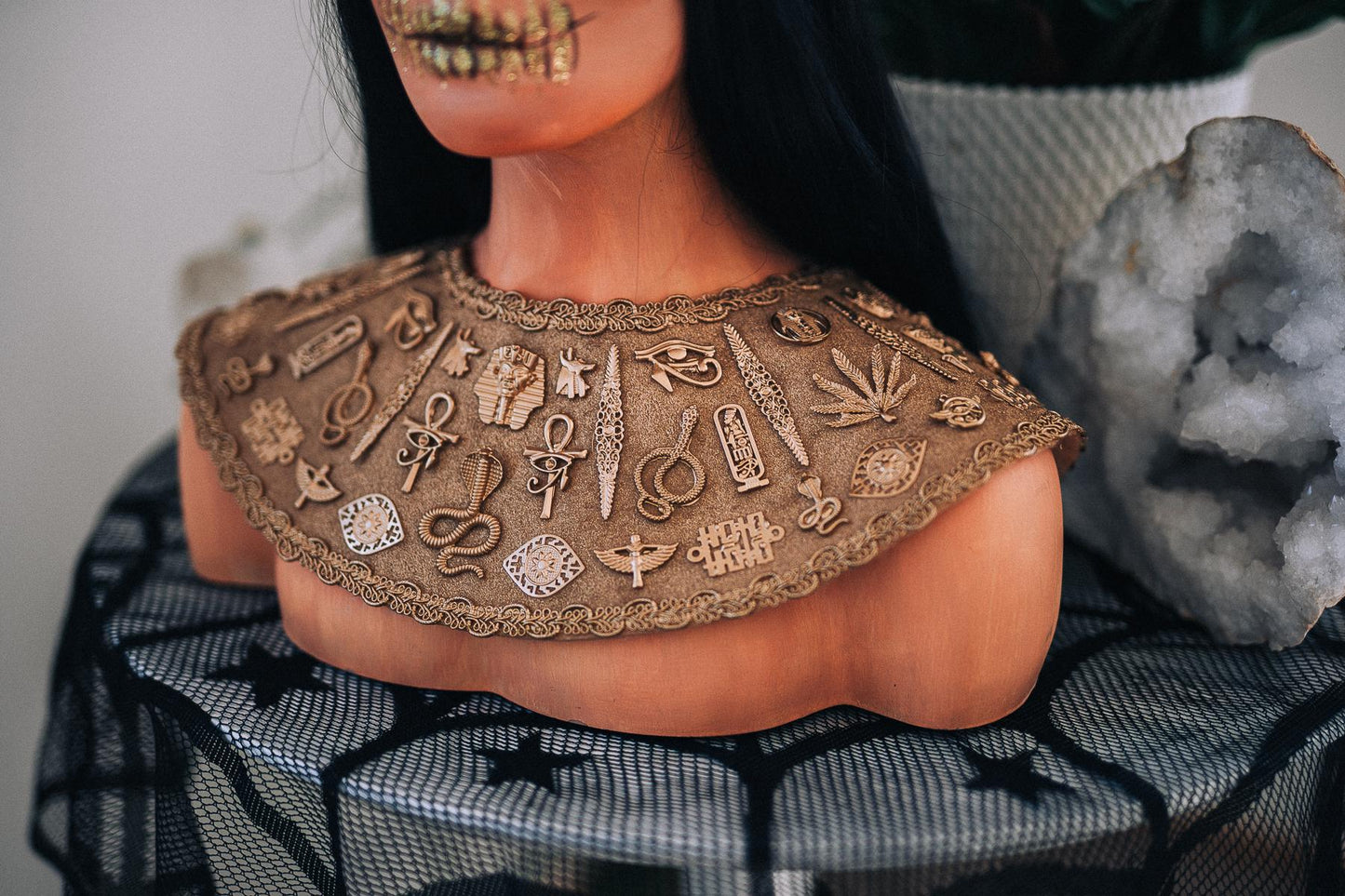 Cleopatra Pectoral Necklace, Egyptian Queen Collar, Gold Pharaoh Necklace, Ancient Egypt Costume Jewelry