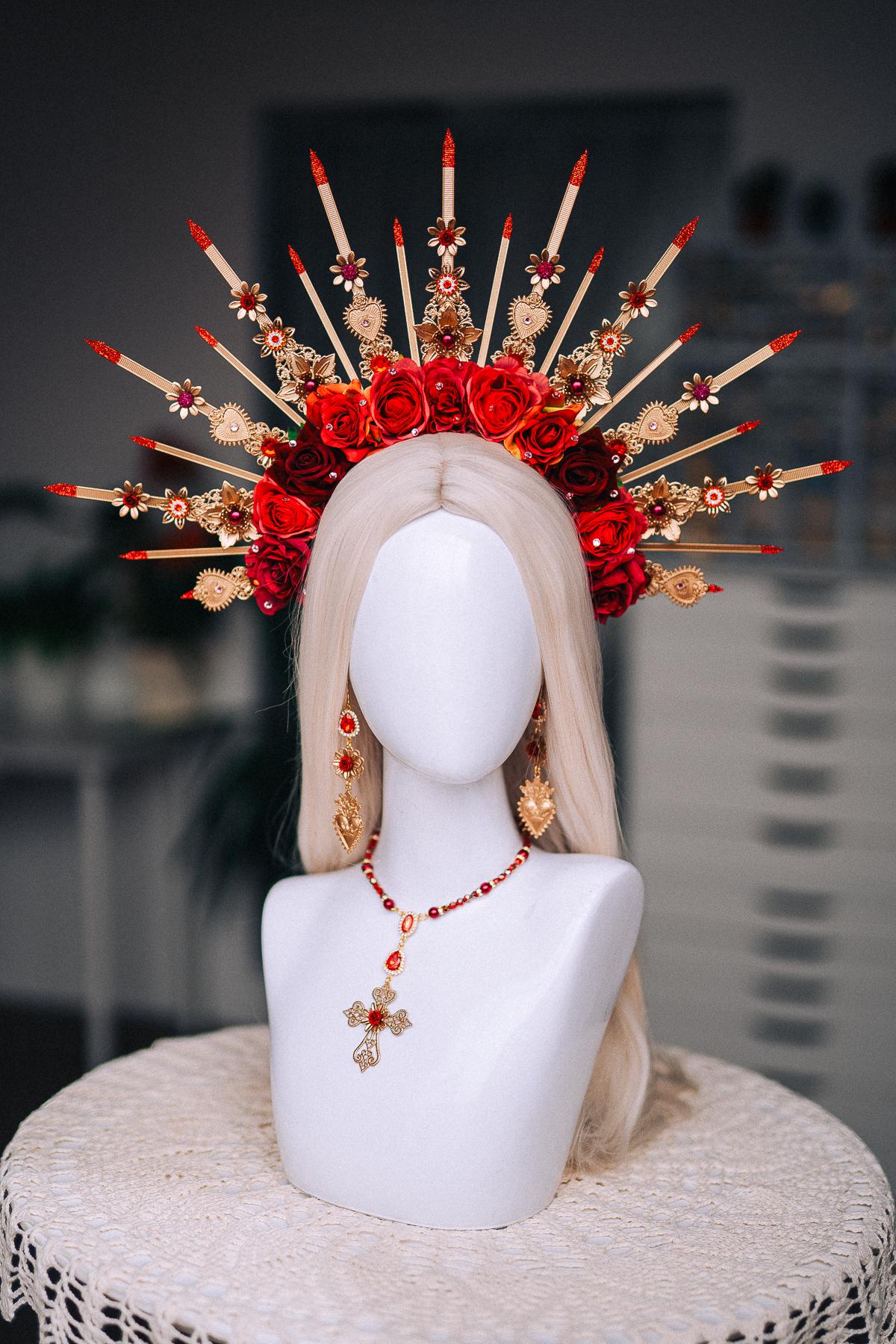 La Catrina Sacred Heart Earrings, Día de los Muertos Jewelry, Red Gold Mexican Inspired Statement Earrings