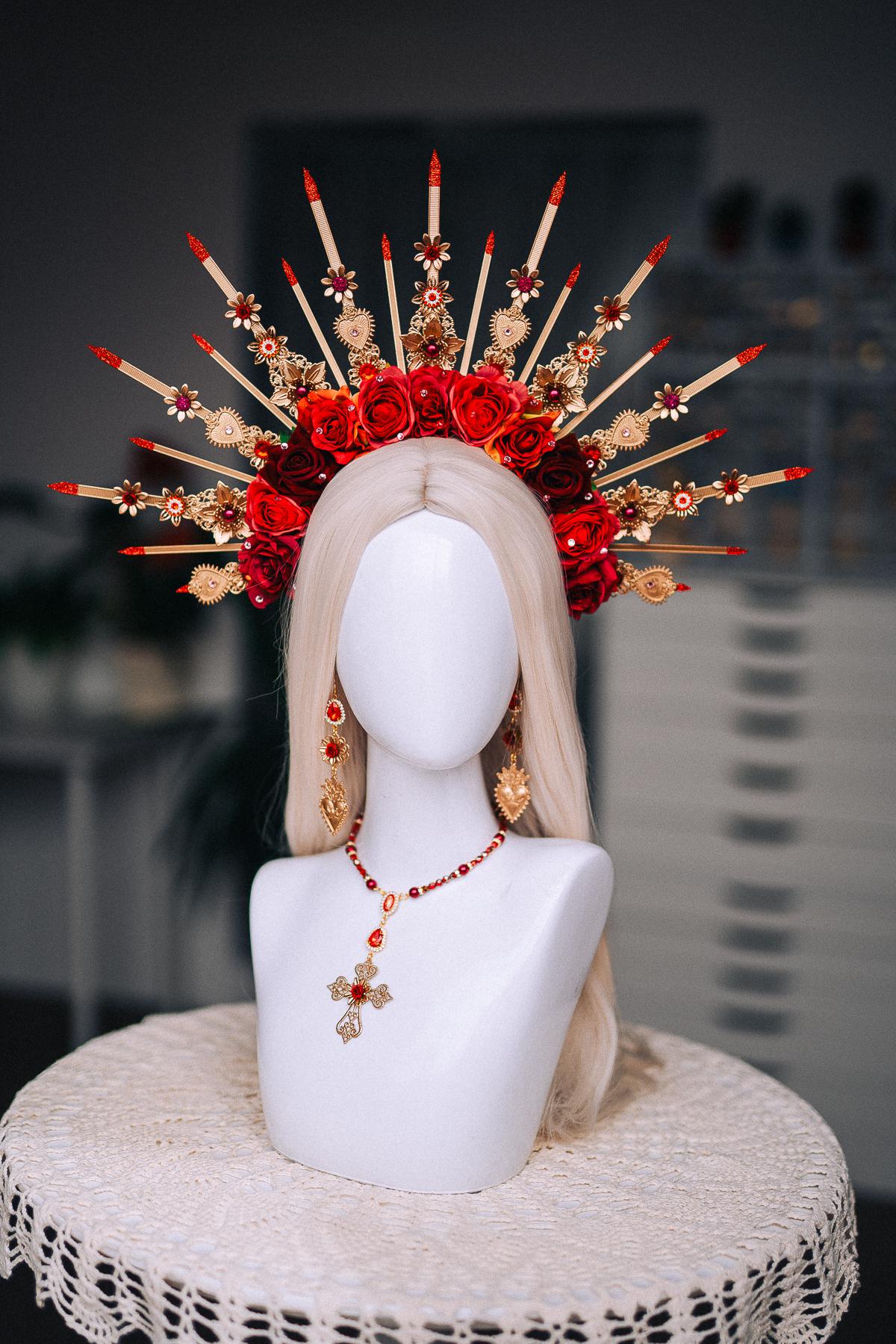 La Catrina Sacred Heart Earrings, Día de los Muertos Jewelry, Red Gold Mexican Inspired Statement Earrings