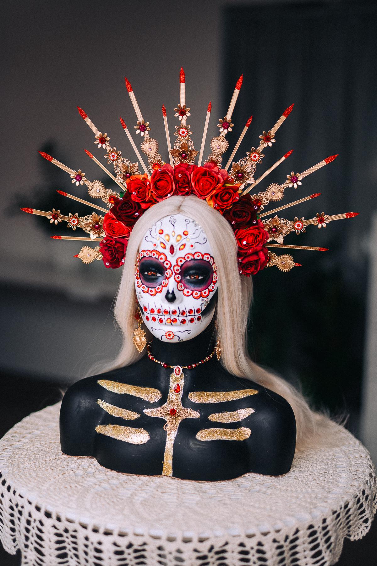 La Catrina Sacred Heart Choker Necklace, Día de los Muertos Jewelry, Red Gold Catrina Statement Necklace