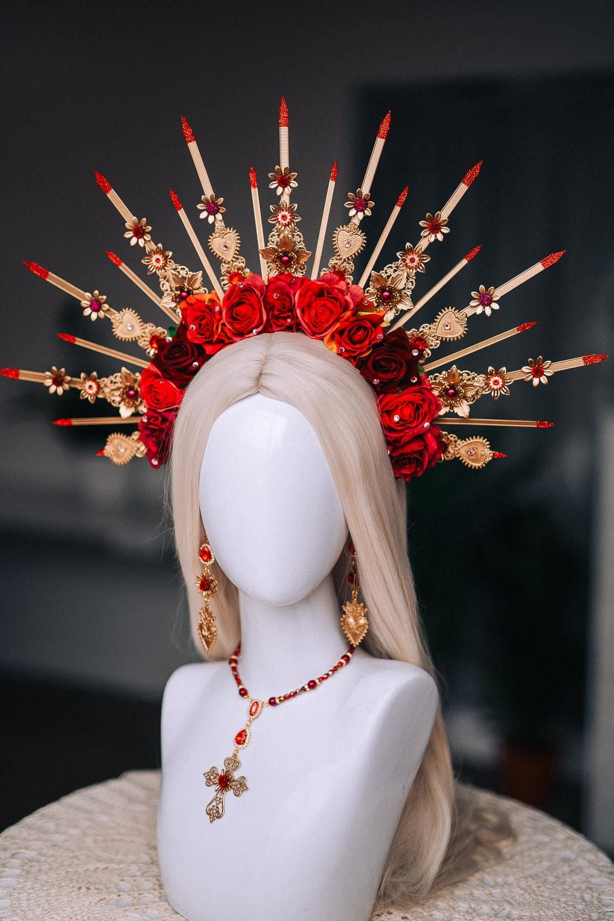 La Catrina Sacred Heart Choker Necklace, Día de los Muertos Jewelry, Red Gold Catrina Statement Necklace