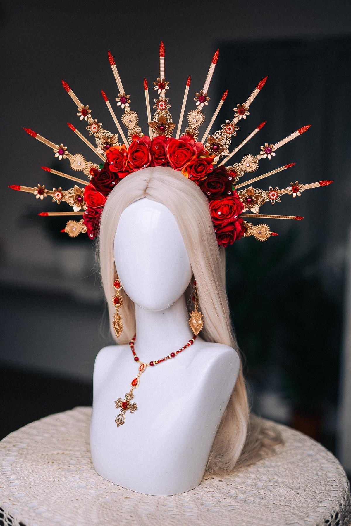 La Catrina Sacred Heart Choker Necklace, Día de los Muertos Jewelry, Red Gold Catrina Statement Necklace