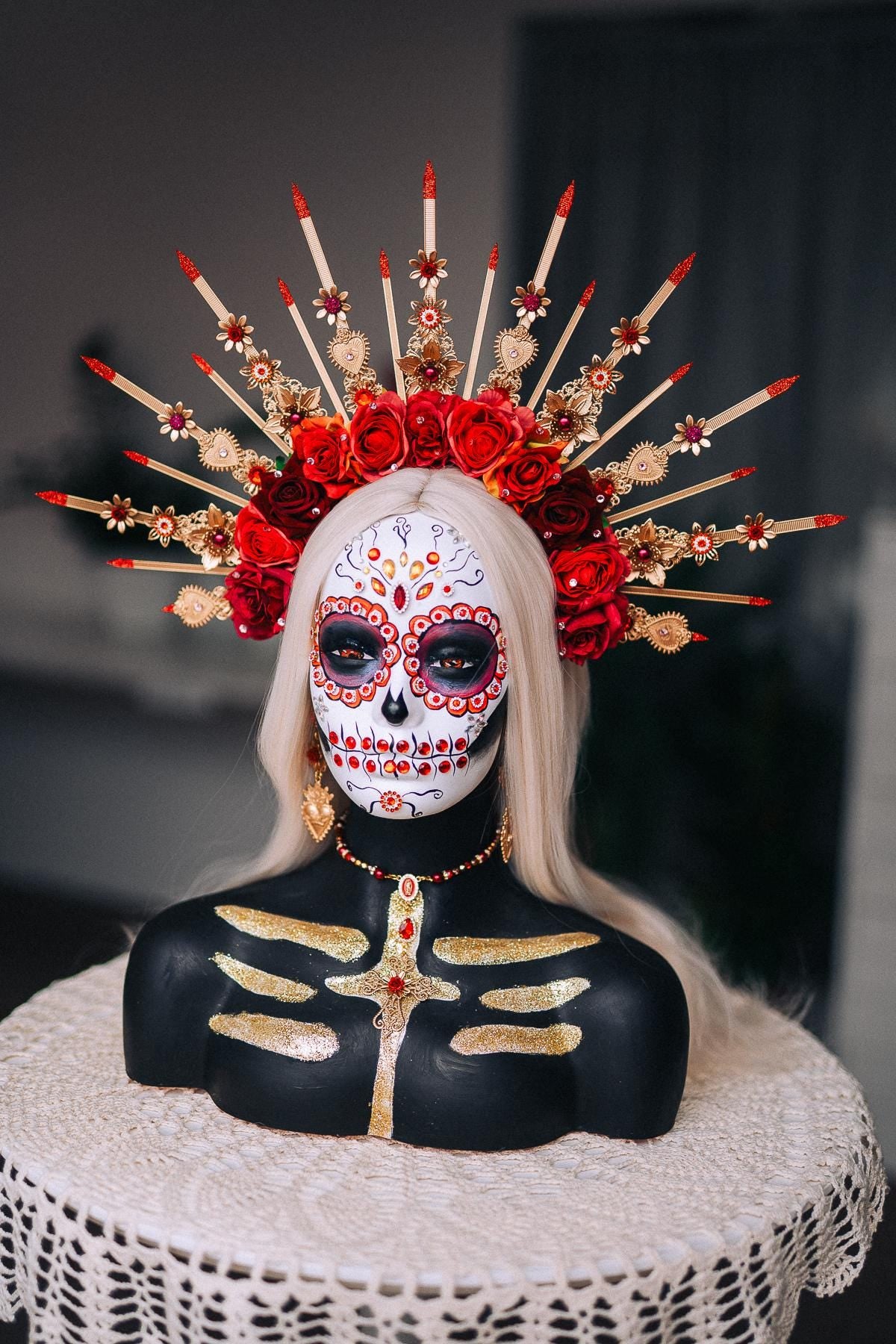La Catrina Halo Crown, Red Rose Sacred Heart Crown, Día de los Muertos Headpiece, Gold Catrina Headdress