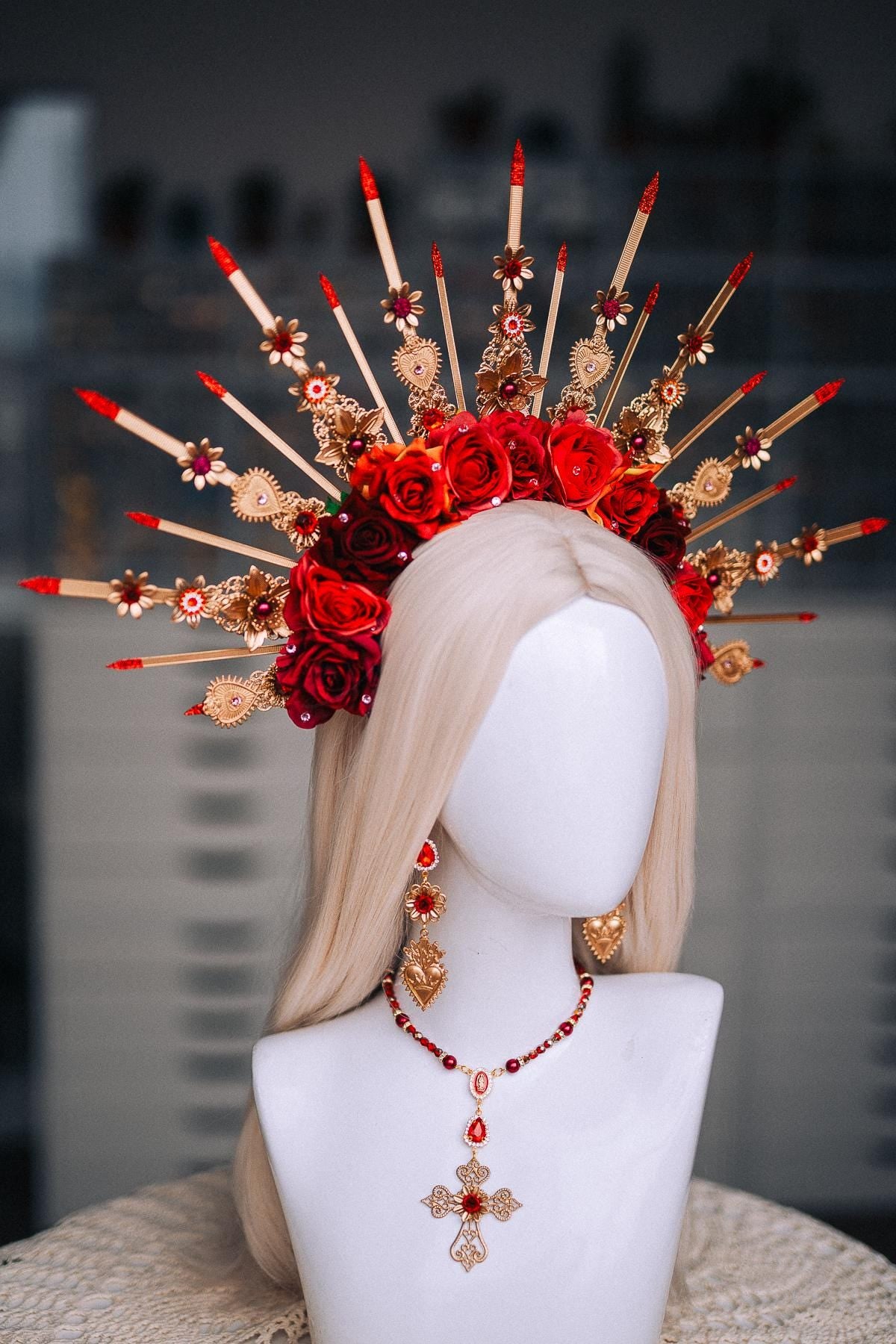 La Catrina Halo Crown, Red Rose Sacred Heart Crown, Día de los Muertos Headpiece, Gold Catrina Headdress