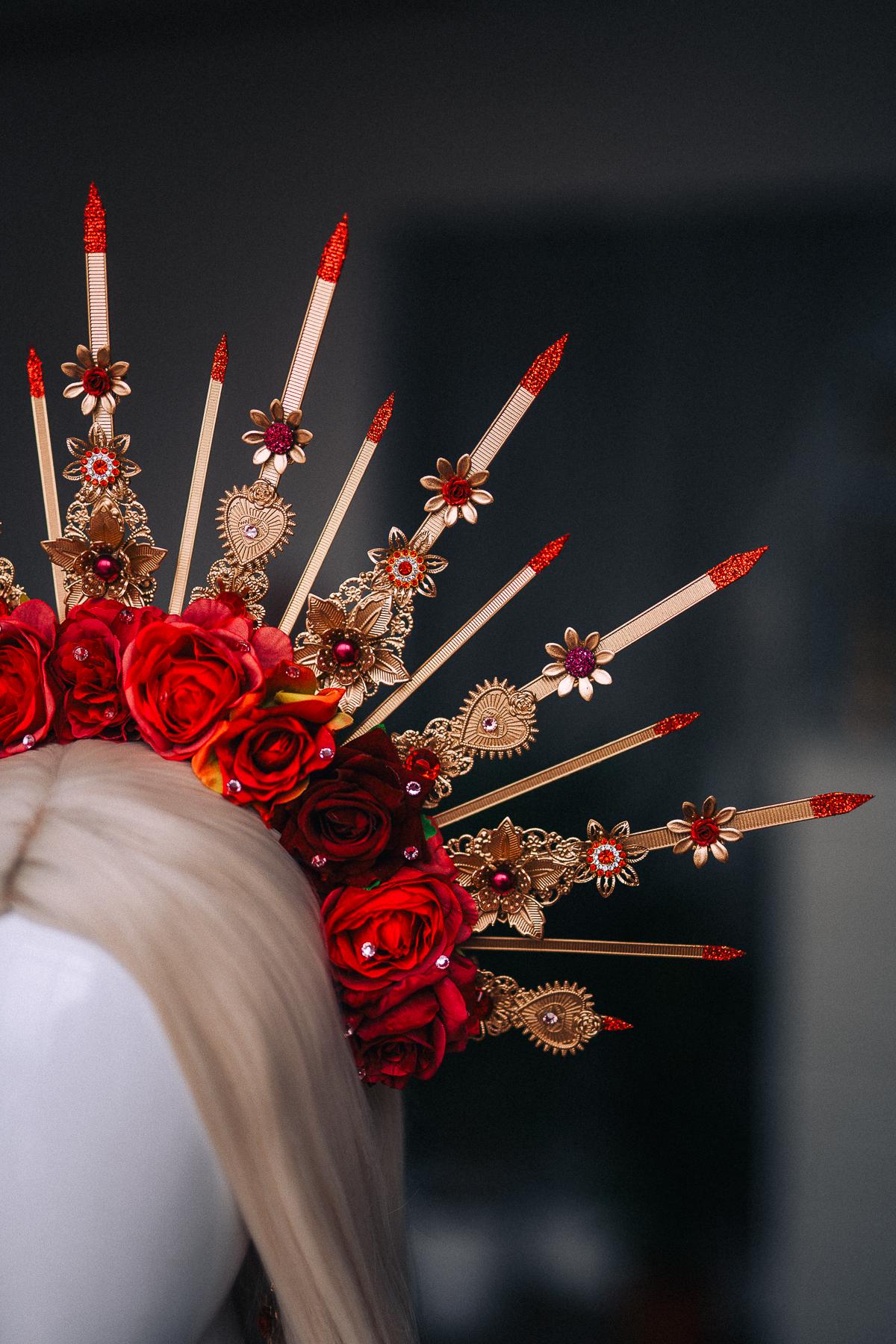 La Catrina Halo Crown, Red Rose Sacred Heart Crown, Día de los Muertos Headpiece, Gold Catrina Headdress