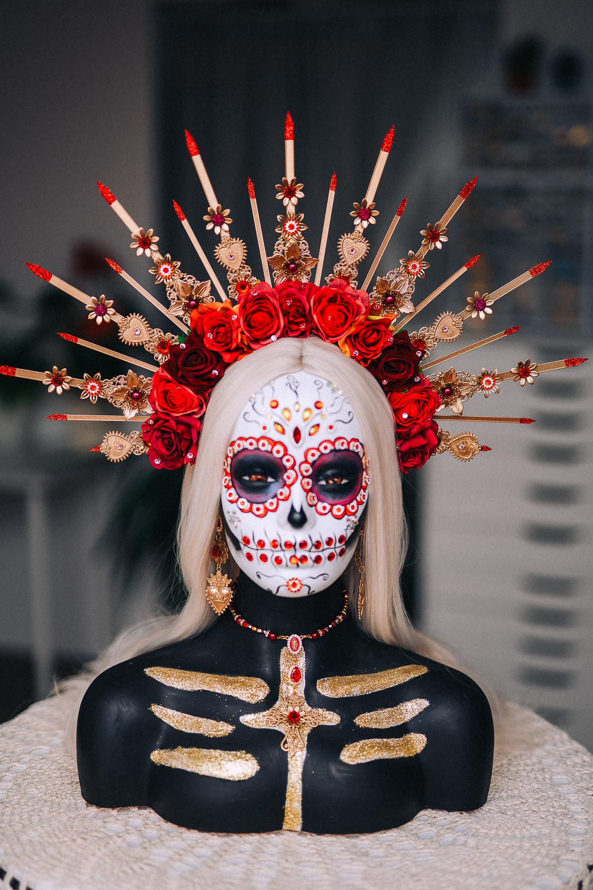La Catrina Halo Crown, Red Rose Sacred Heart Crown, Día de los Muertos Headpiece, Gold Catrina Headdress