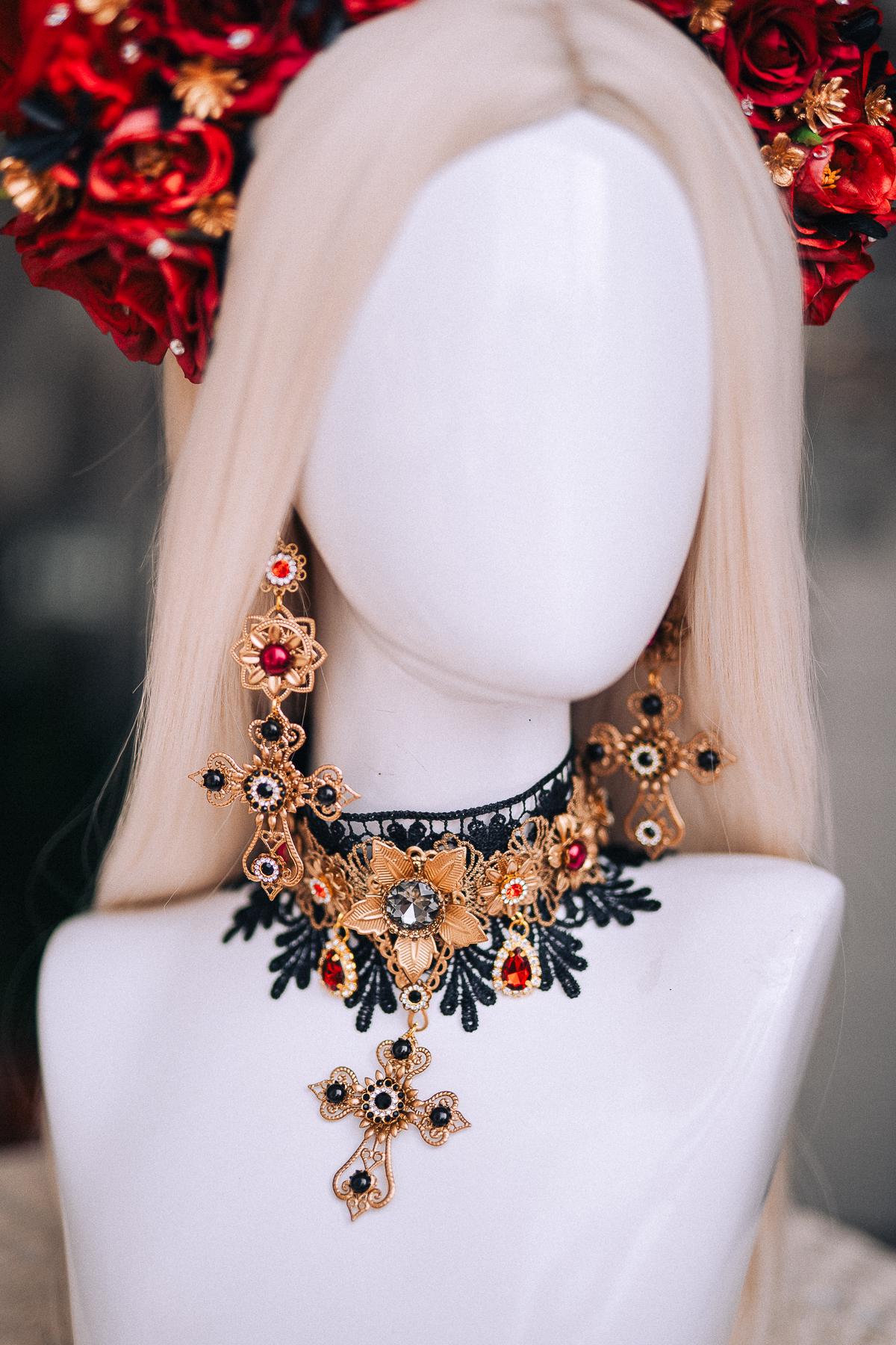 La Catrina Sacred Heart Earrings, Día de los Muertos Jewelry, Black Red Gold Statement Earrings, Catrina Accessories
