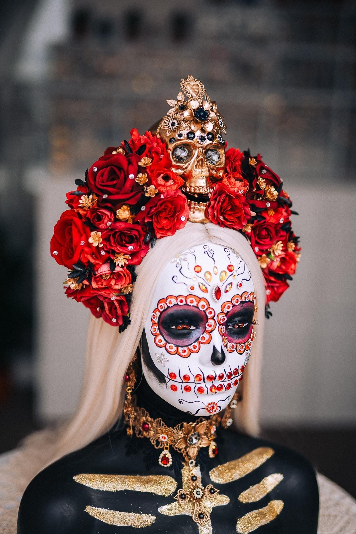 La Catrina Sacred Heart Earrings, Día de los Muertos Jewelry, Black Red Gold Statement Earrings, Catrina Accessories