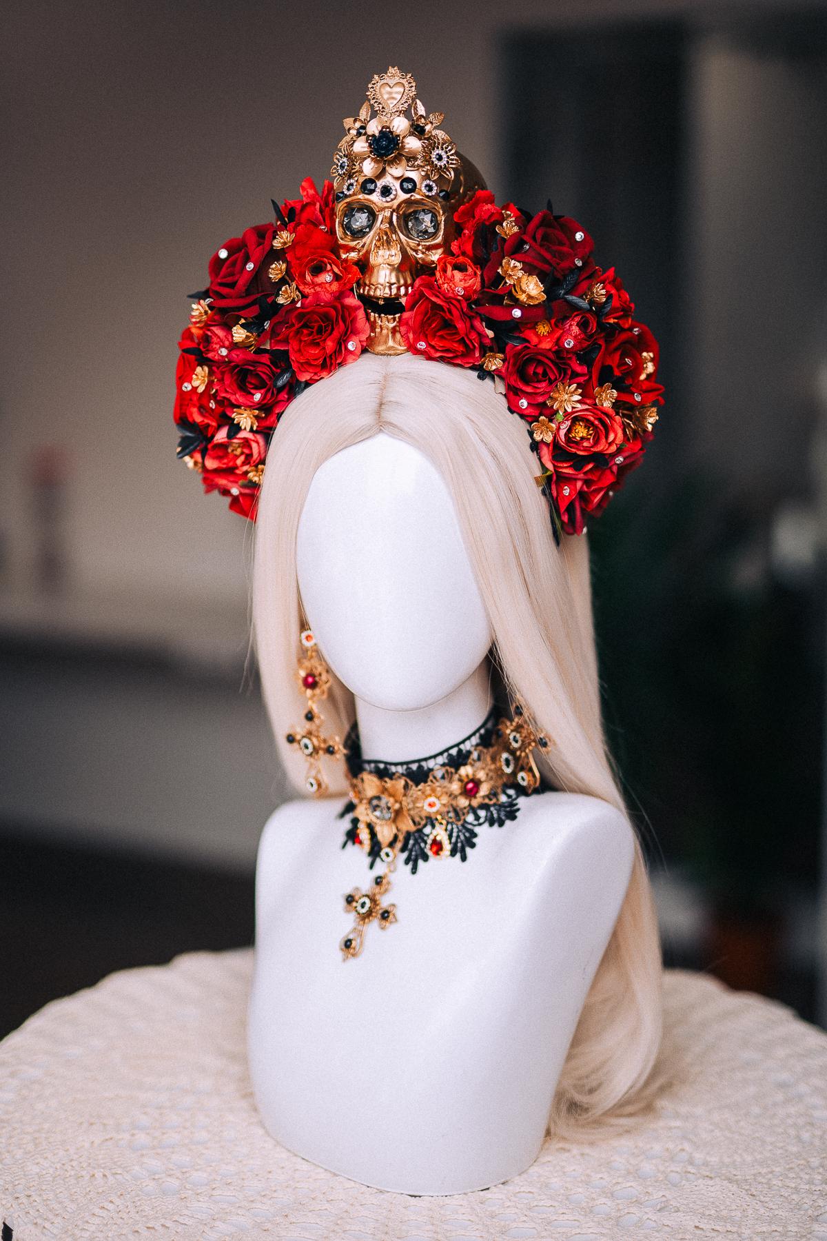 La Catrina Sacred Heart Earrings, Día de los Muertos Jewelry, Black Red Gold Statement Earrings, Catrina Accessories