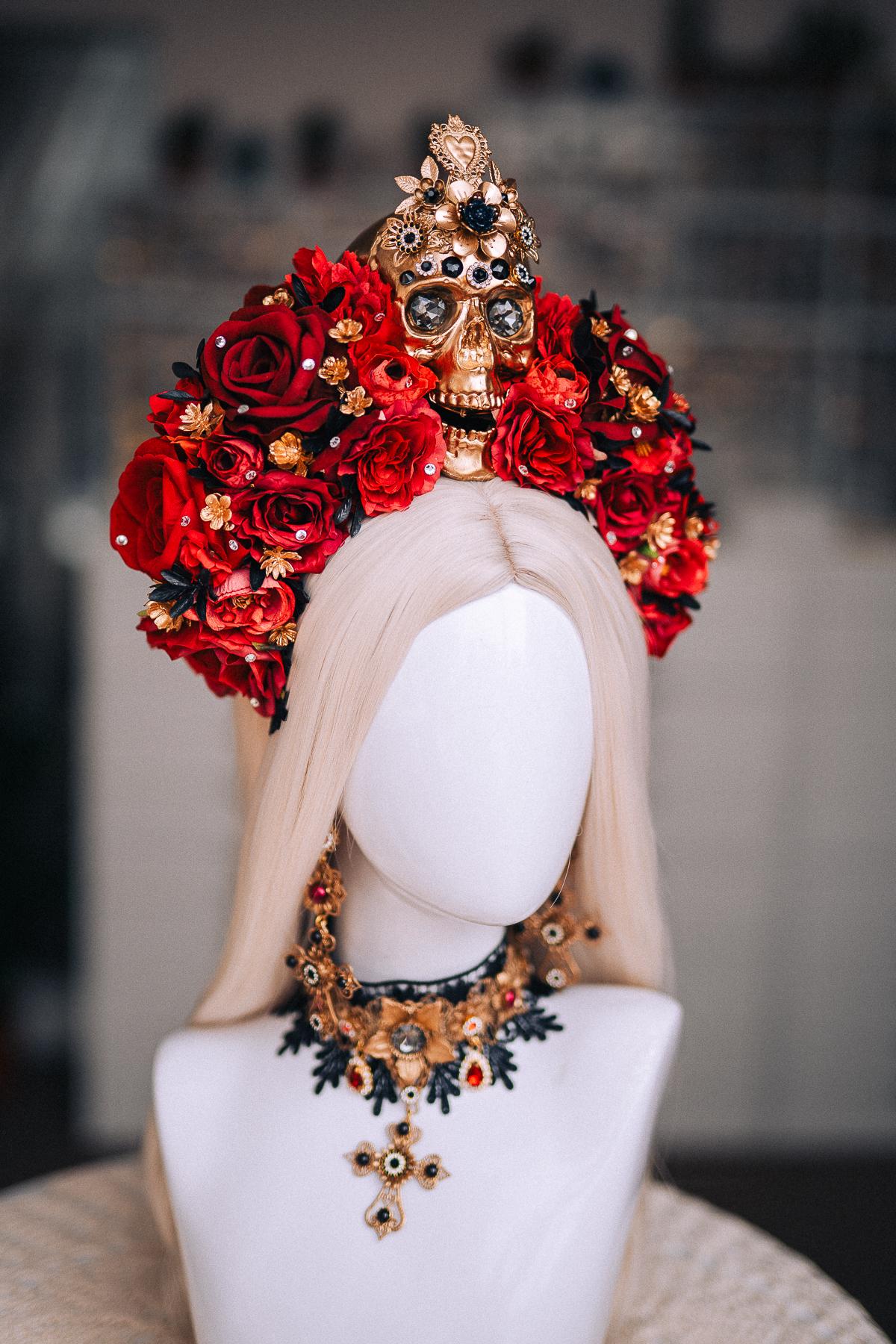 La Catrina Sacred Heart Earrings, Día de los Muertos Jewelry, Black Red Gold Statement Earrings, Catrina Accessories