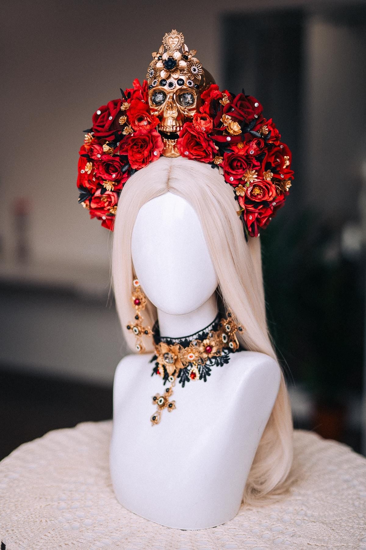 La Catrina Choker Necklace, Día de los Muertos Jewelry, Black Red Gold Sacred Heart Statement Collar