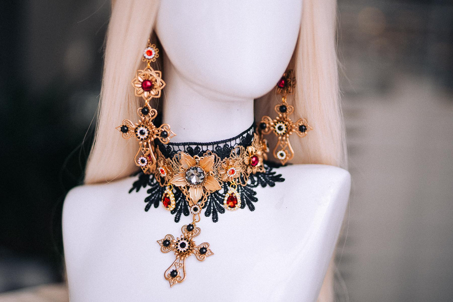 La Catrina Choker Necklace, Día de los Muertos Jewelry, Black Red Gold Sacred Heart Statement Collar