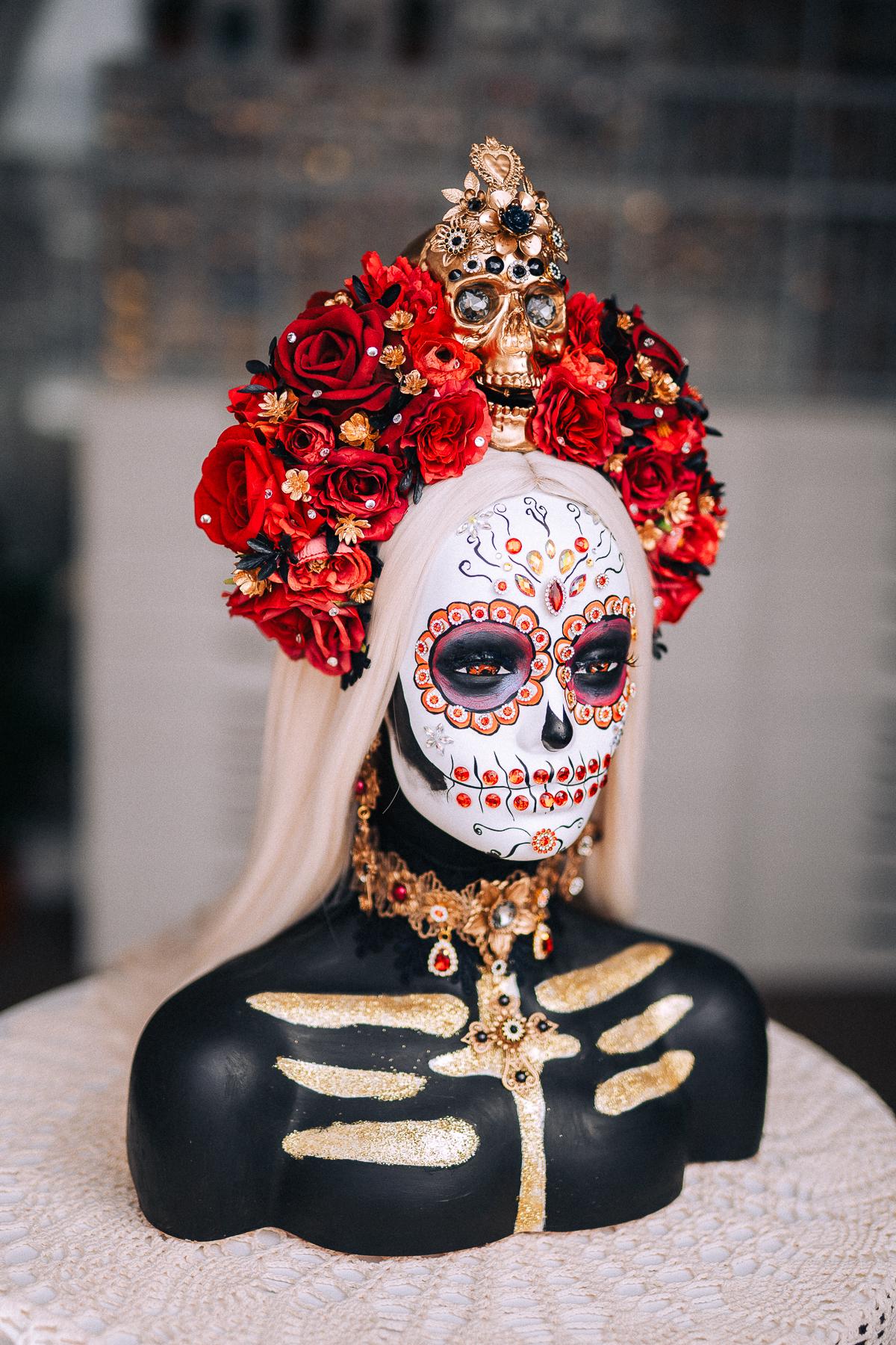 La Catrina Choker Necklace, Día de los Muertos Jewelry, Black Red Gold Sacred Heart Statement Collar
