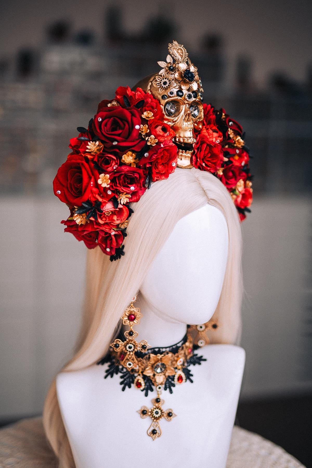 La Catrina Choker Necklace, Día de los Muertos Jewelry, Black Red Gold Sacred Heart Statement Collar